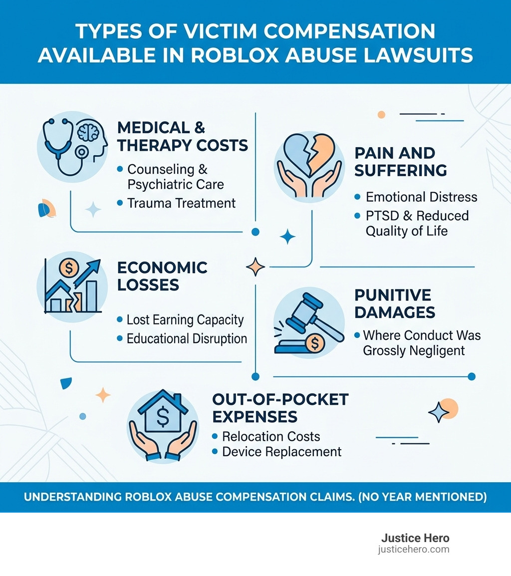 Infographic showing types of victim compensation available in Roblox abuse lawsuits - Victim compensation Roblox abuse Infographic showing types of victim compensation available in Roblox abuse lawsuits - Victim compensation Roblox abuse