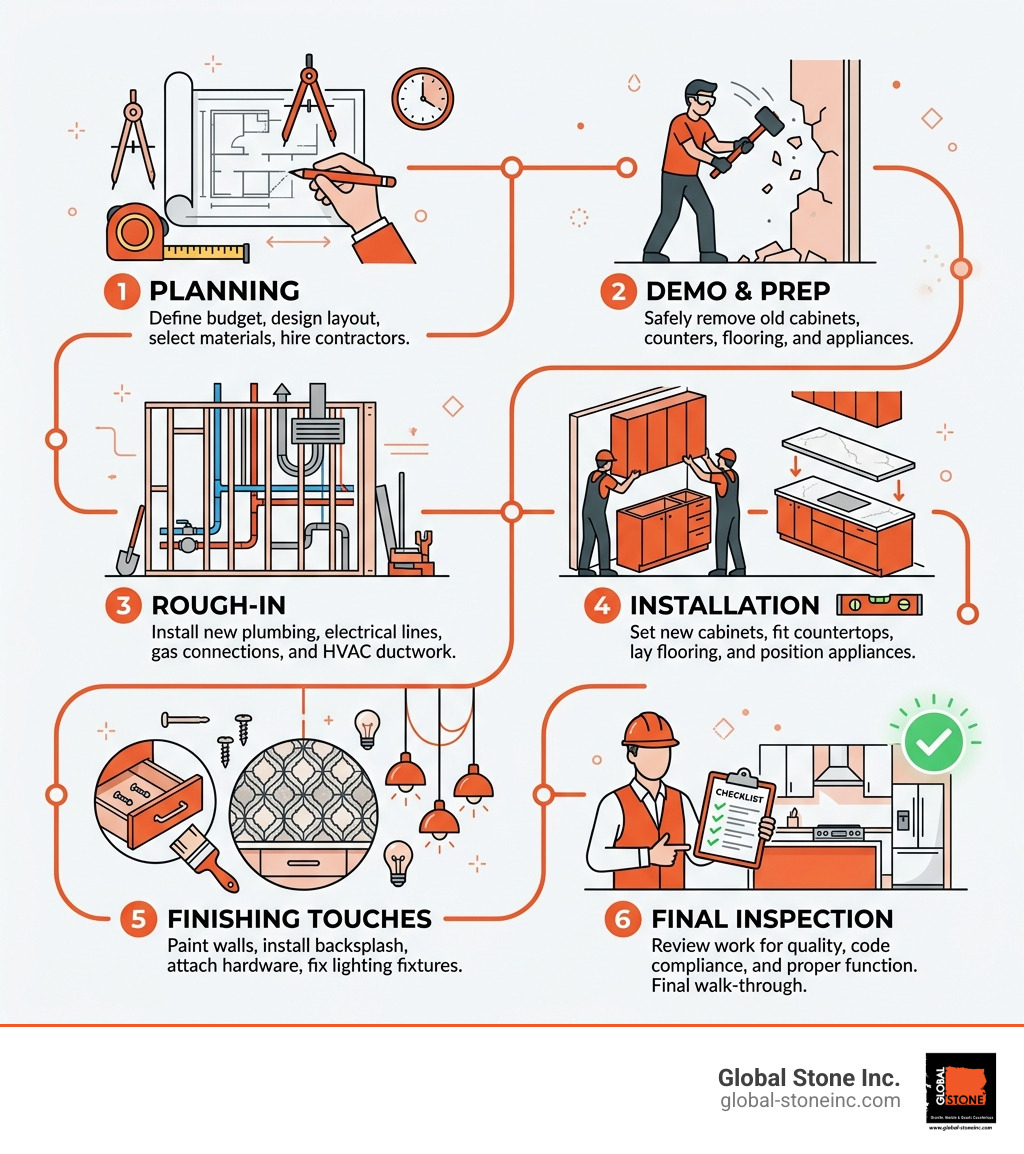 Kitchen remodel lifecycle infographic: planning, demo, rough-in, installation, finishing touches, final inspection - kitchen Kitchen remodel lifecycle infographic: planning, demo, rough-in, installation, finishing touches, final inspection - kitchen