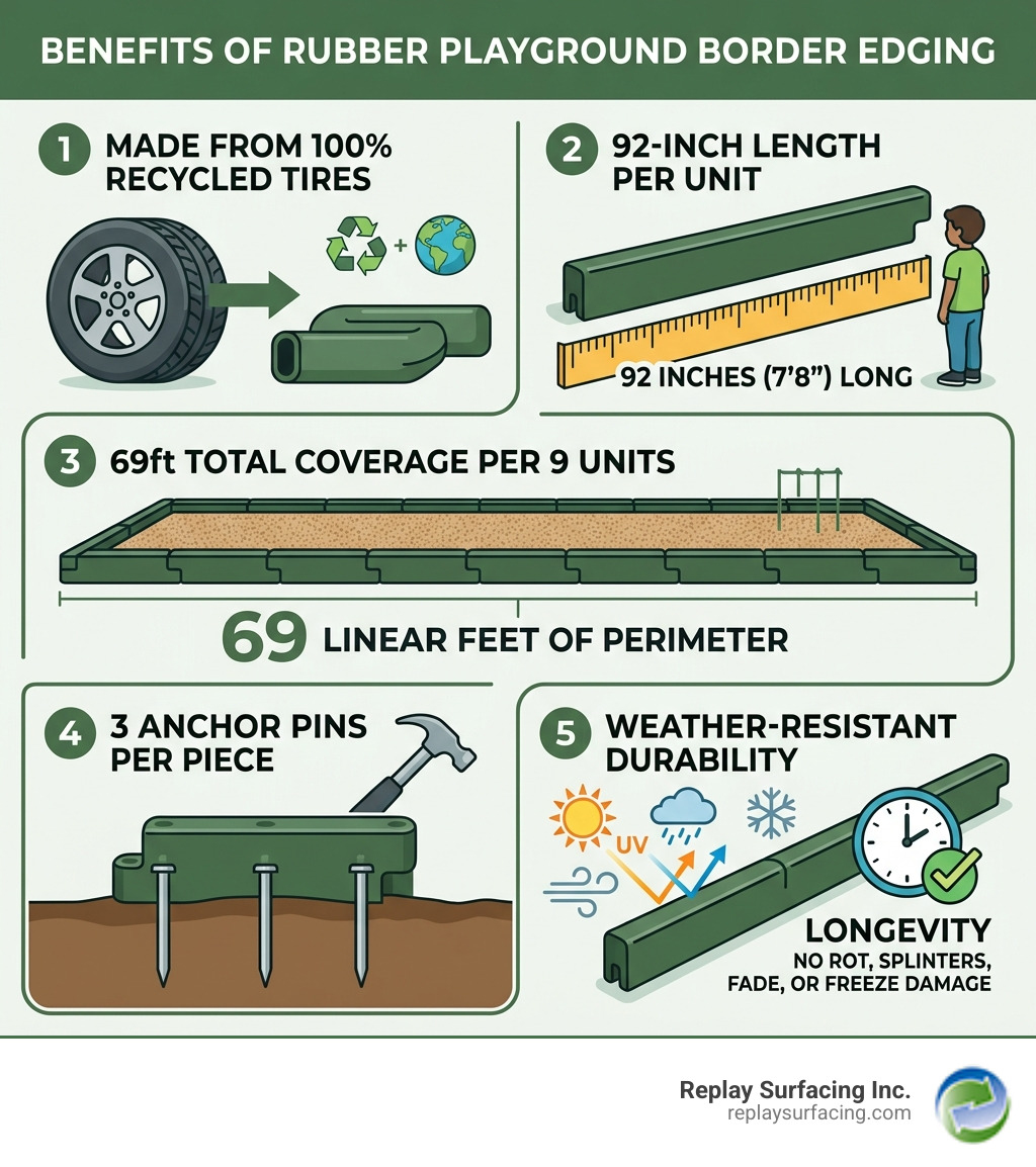 Infographic showing benefits of rubber playground border edging: recycled tires, 92-inch length, 69ft per 9 units, 3 anchor Infographic showing benefits of rubber playground border edging: recycled tires, 92-inch length, 69ft per 9 units, 3 anchor