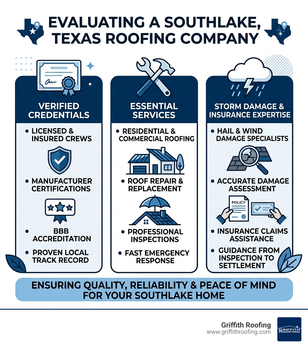 Infographic showing key factors to evaluate a roofing company in Southlake Texas including credentials, services, and storm Infographic showing key factors to evaluate a roofing company in Southlake Texas including credentials, services, and storm