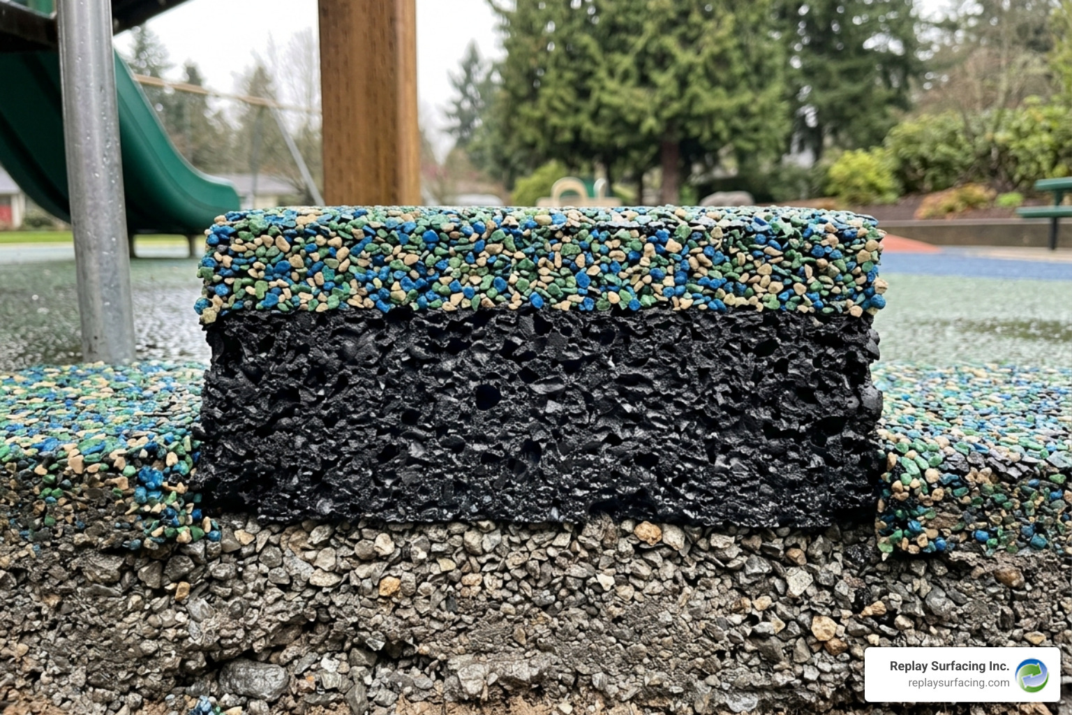 Shock-absorbing rubber layers showing the base and wear layer construction - Beaverton OR playground safety surfacing Shock-absorbing rubber layers showing the base and wear layer construction - Beaverton OR playground safety surfacing
