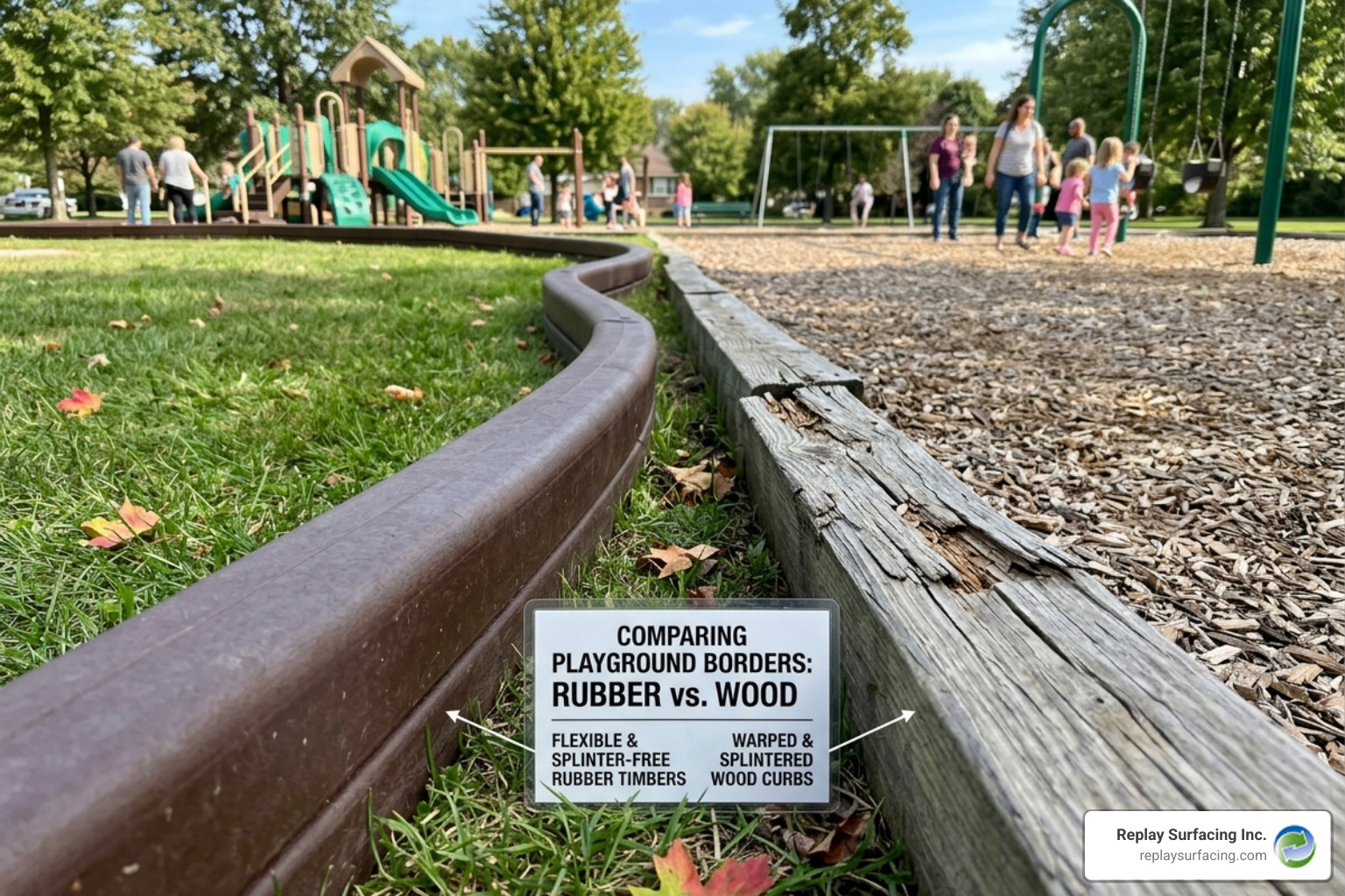 Comparison of rubber timbers to wood curbs showing rubber's flexibility and lack of splinters - rubber playground border Comparison of rubber timbers to wood curbs showing rubber's flexibility and lack of splinters - rubber playground border