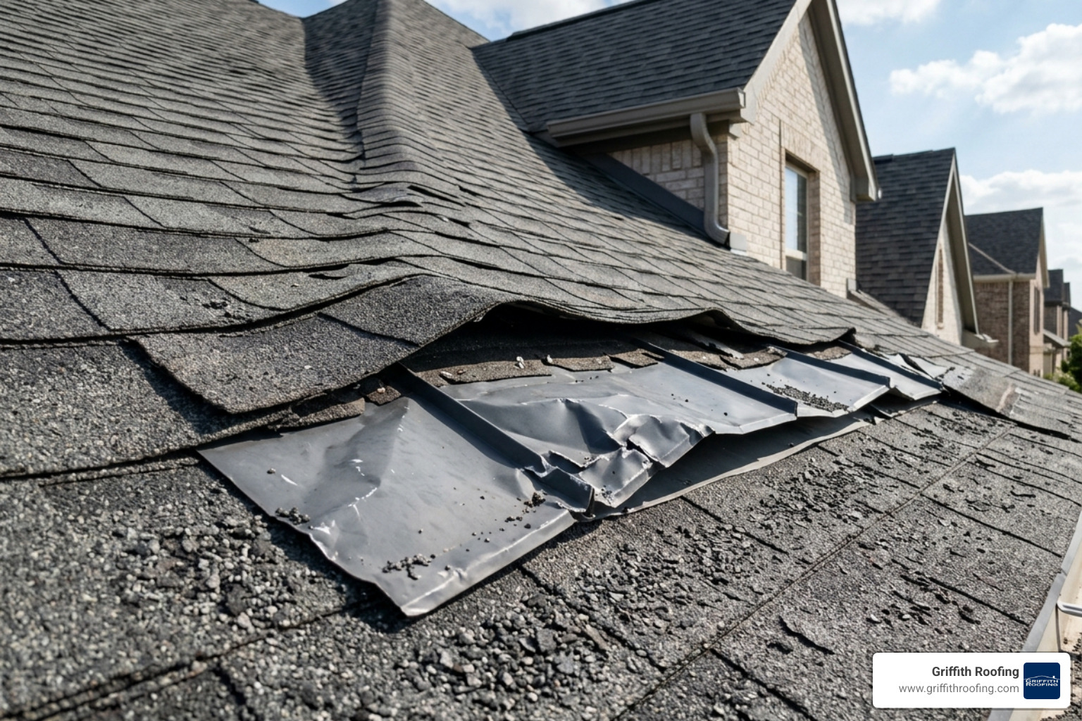 Lifted shingles and damaged flashing on a Frisco home - frisco wind damage repair
