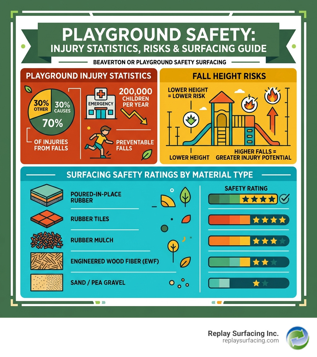 Infographic showing playground injury statistics, fall height risks, and surfacing safety ratings by material type Infographic showing playground injury statistics, fall height risks, and surfacing safety ratings by material type