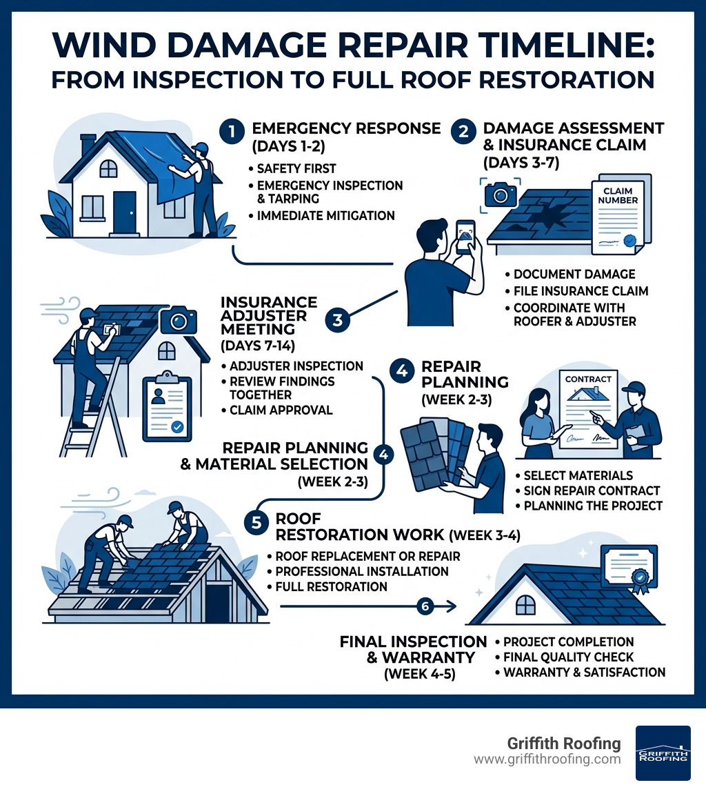 Wind damage repair timeline infographic from inspection to full roof restoration - frisco wind damage repair infographic 