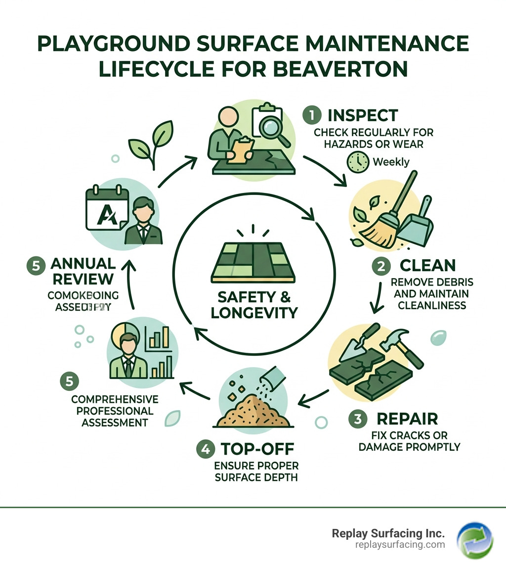 Infographic showing the playground surface maintenance lifecycle: inspect, clean, repair, top-off, and annual review