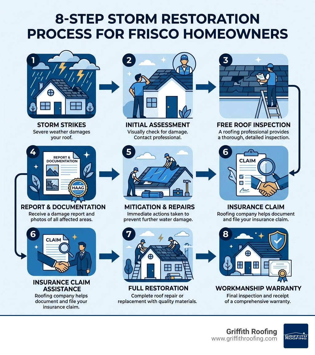 8-step storm restoration process infographic for Frisco homeowners - frisco storm repair roofing infographic 