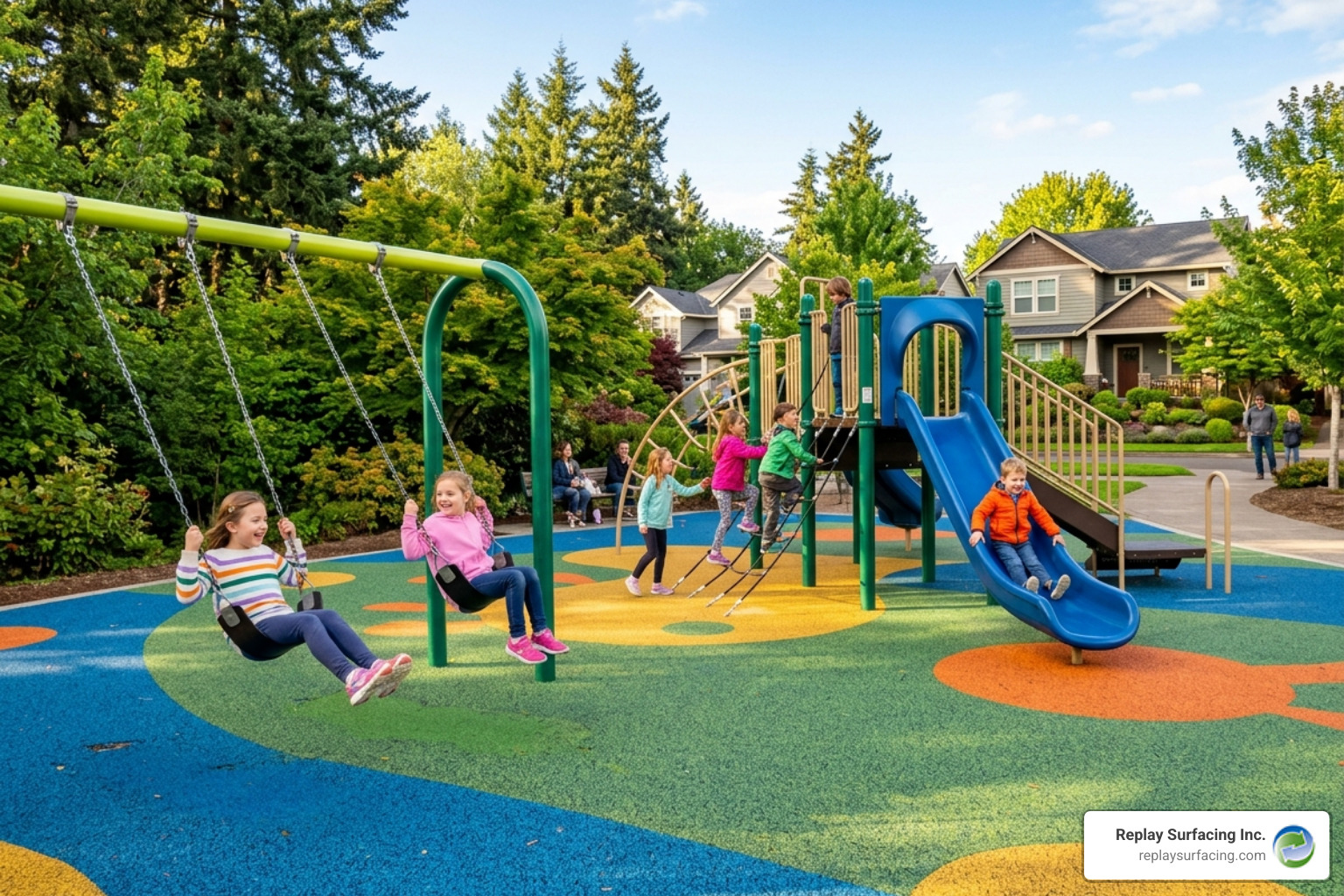 Impact-absorbing rubber surfacing in a Beaverton park - playground surface maintenance Beaverton