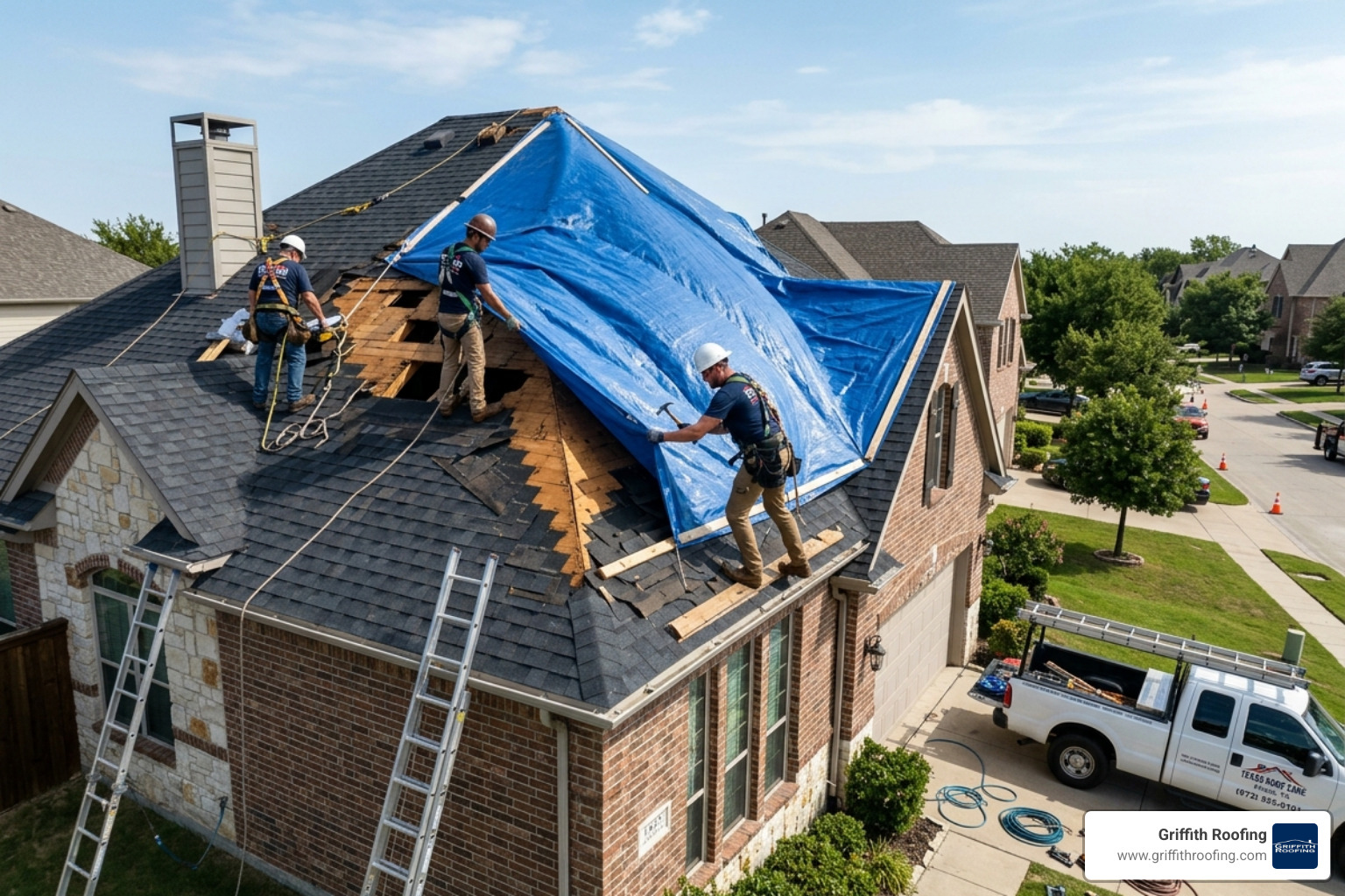 Professional roofers applying emergency tarping to a Frisco home - frisco storm repair roofing