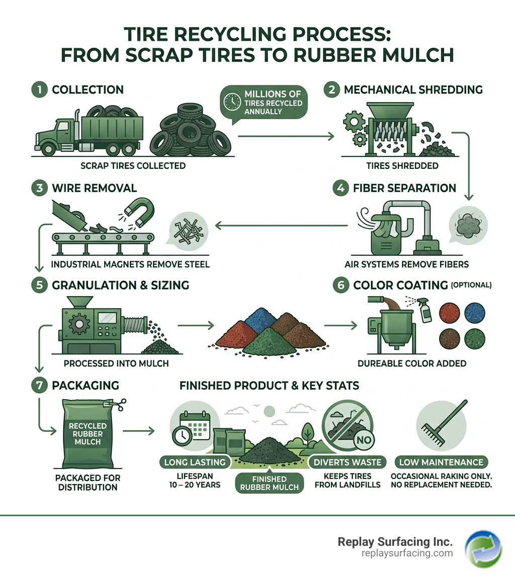 Infographic showing the tire recycling process from scrap tires to finished rubber mulch, with key stats - recycled tire Infographic showing the tire recycling process from scrap tires to finished rubber mulch, with key stats - recycled tire