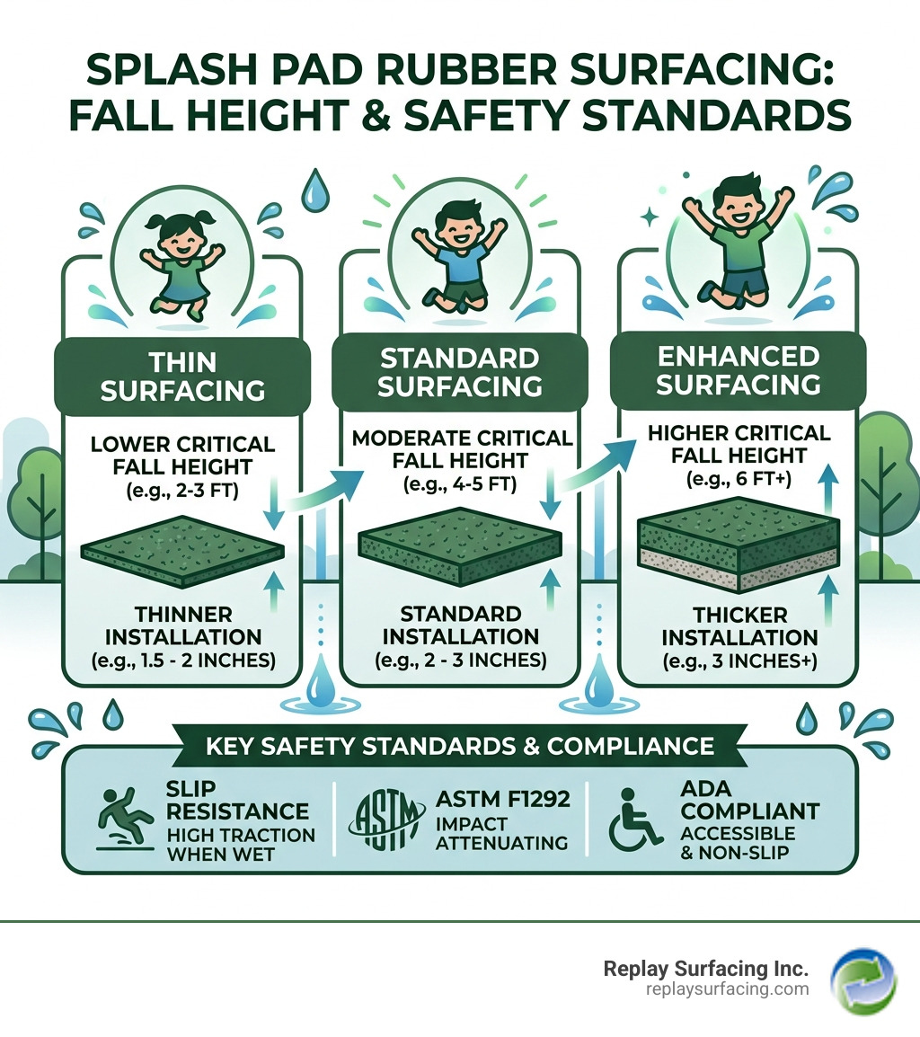 Infographic showing fall height protection levels for rubber splash pad surfacing types and safety standards - rubber Infographic showing fall height protection levels for rubber splash pad surfacing types and safety standards - rubber