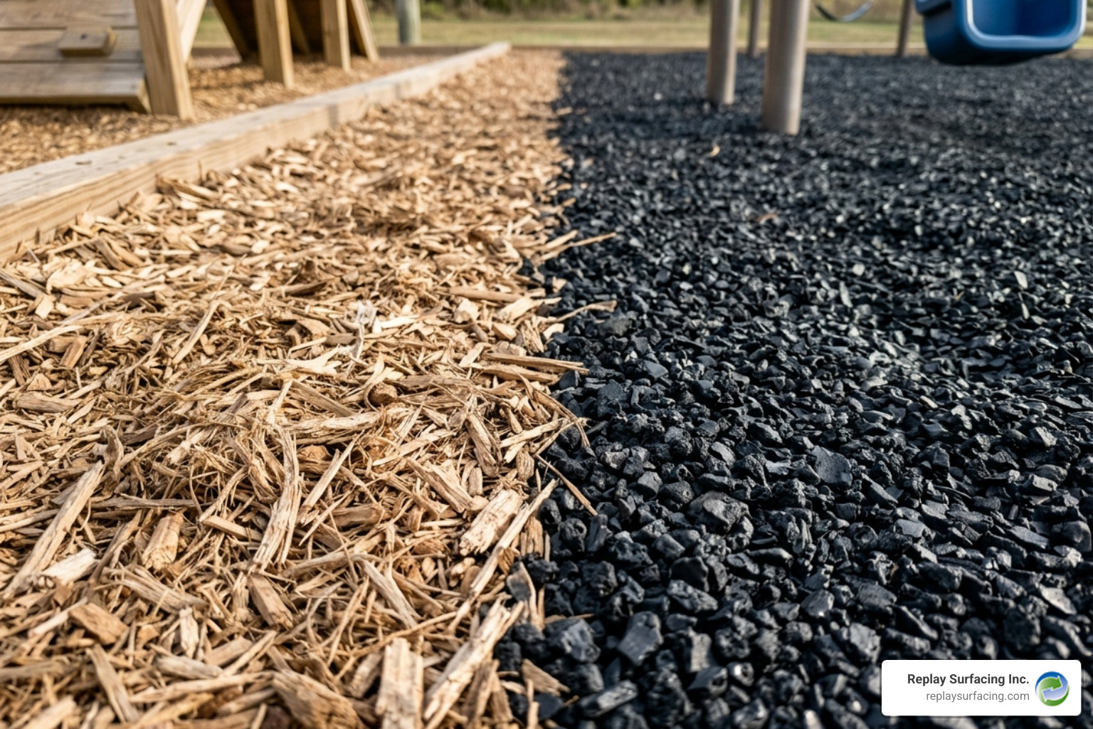 Comparison of engineered wood fiber and recycled rubber mulch textures - mulch in playgrounds Comparison of engineered wood fiber and recycled rubber mulch textures - mulch in playgrounds