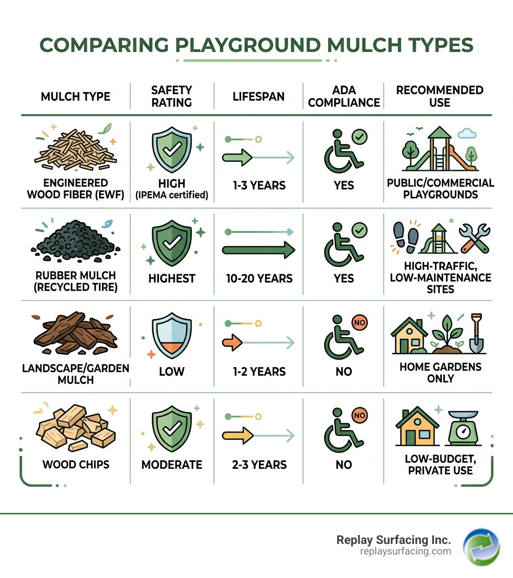 Infographic comparing playground mulch types by safety rating, lifespan, ADA compliance, and recommended use - mulch in Infographic comparing playground mulch types by safety rating, lifespan, ADA compliance, and recommended use - mulch in