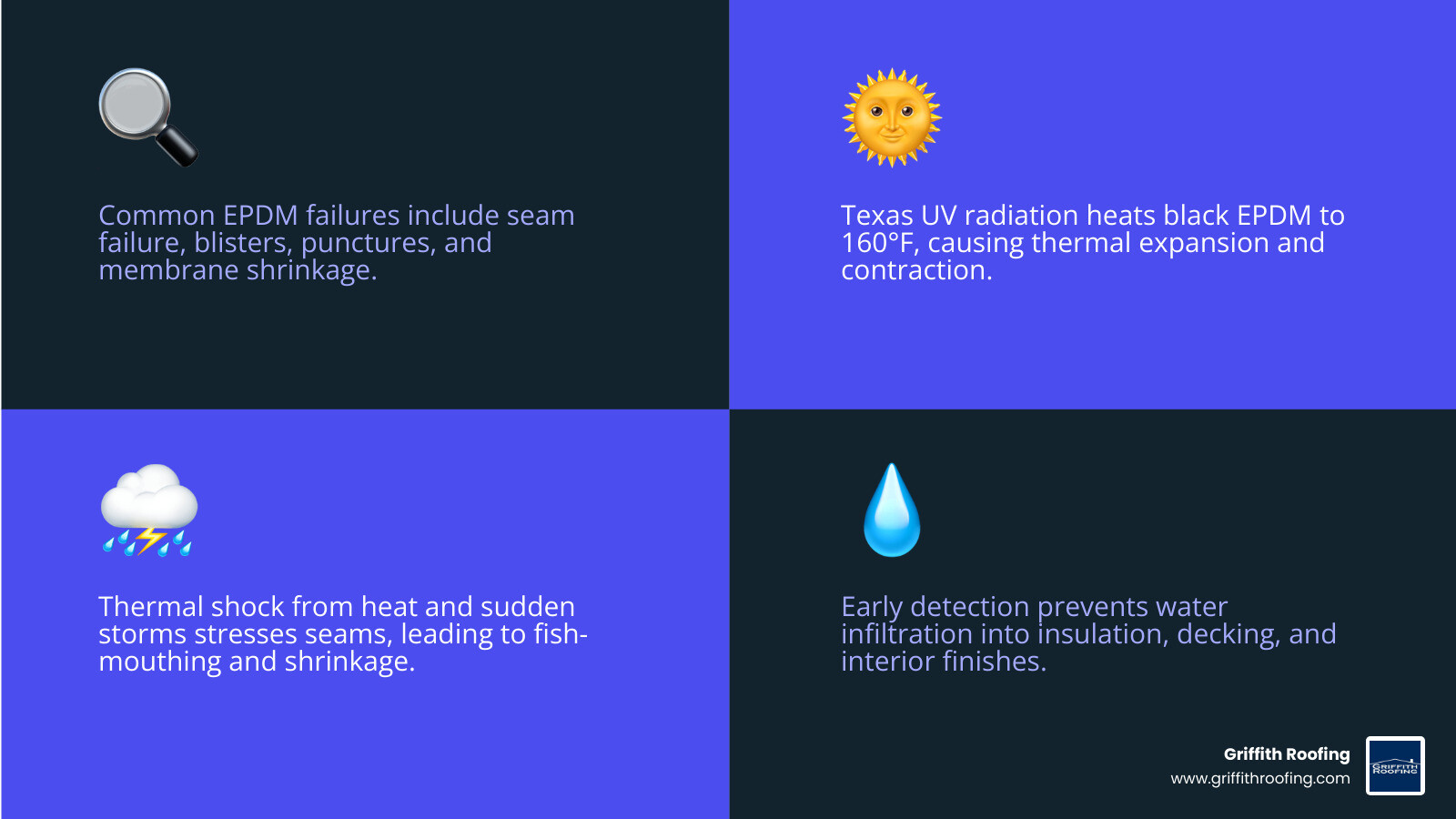 EPDM roof repair process infographic showing membrane layers, common damage types, repair steps, and cost ranges - epdm roof
