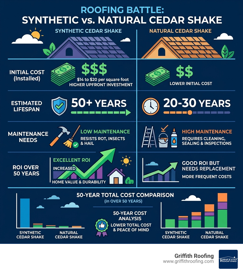 Infographic comparing synthetic vs natural cedar shake roofing cost, lifespan, maintenance, and ROI over 50 years