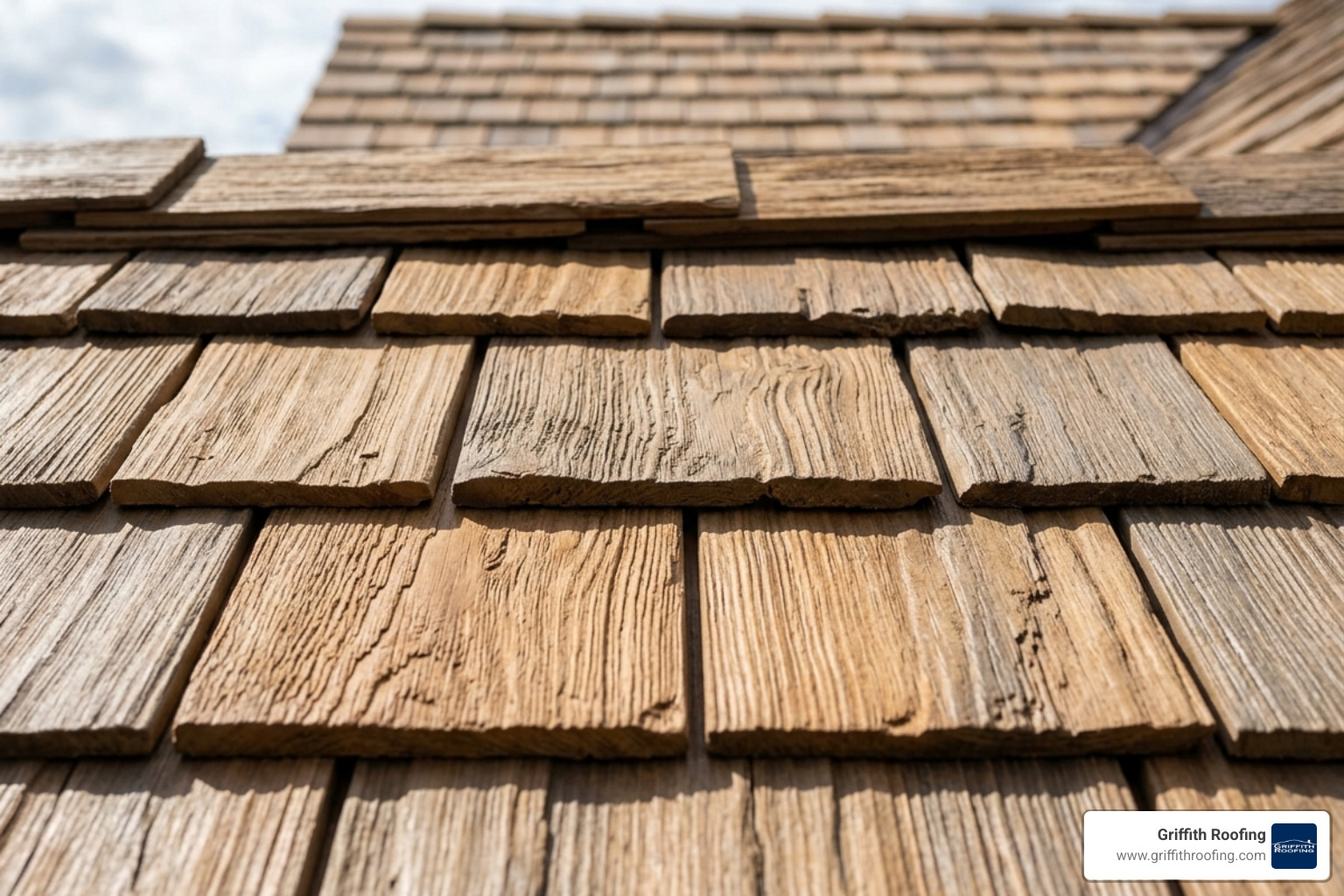Close up of synthetic cedar shake shingles showing realistic wood grain texture - synthetic cedar shake roofing cost
