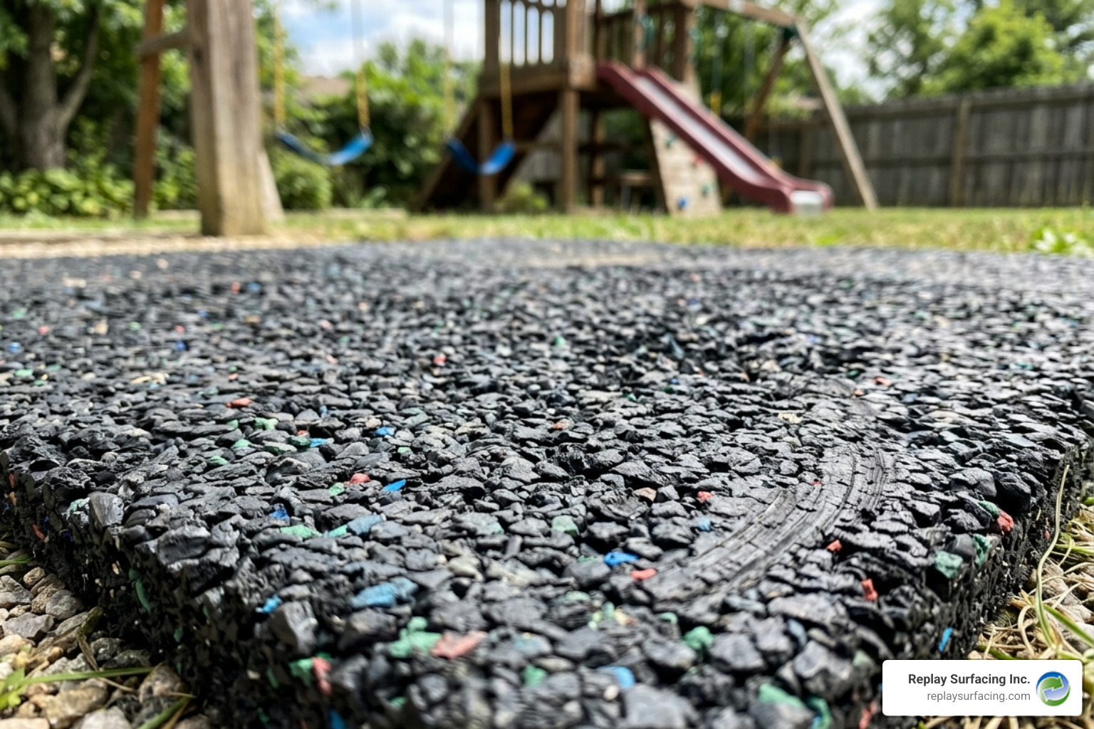 Recycled rubber texture close-up showing shock-absorbing granules - padded playground mat Recycled rubber texture close-up showing shock-absorbing granules - padded playground mat