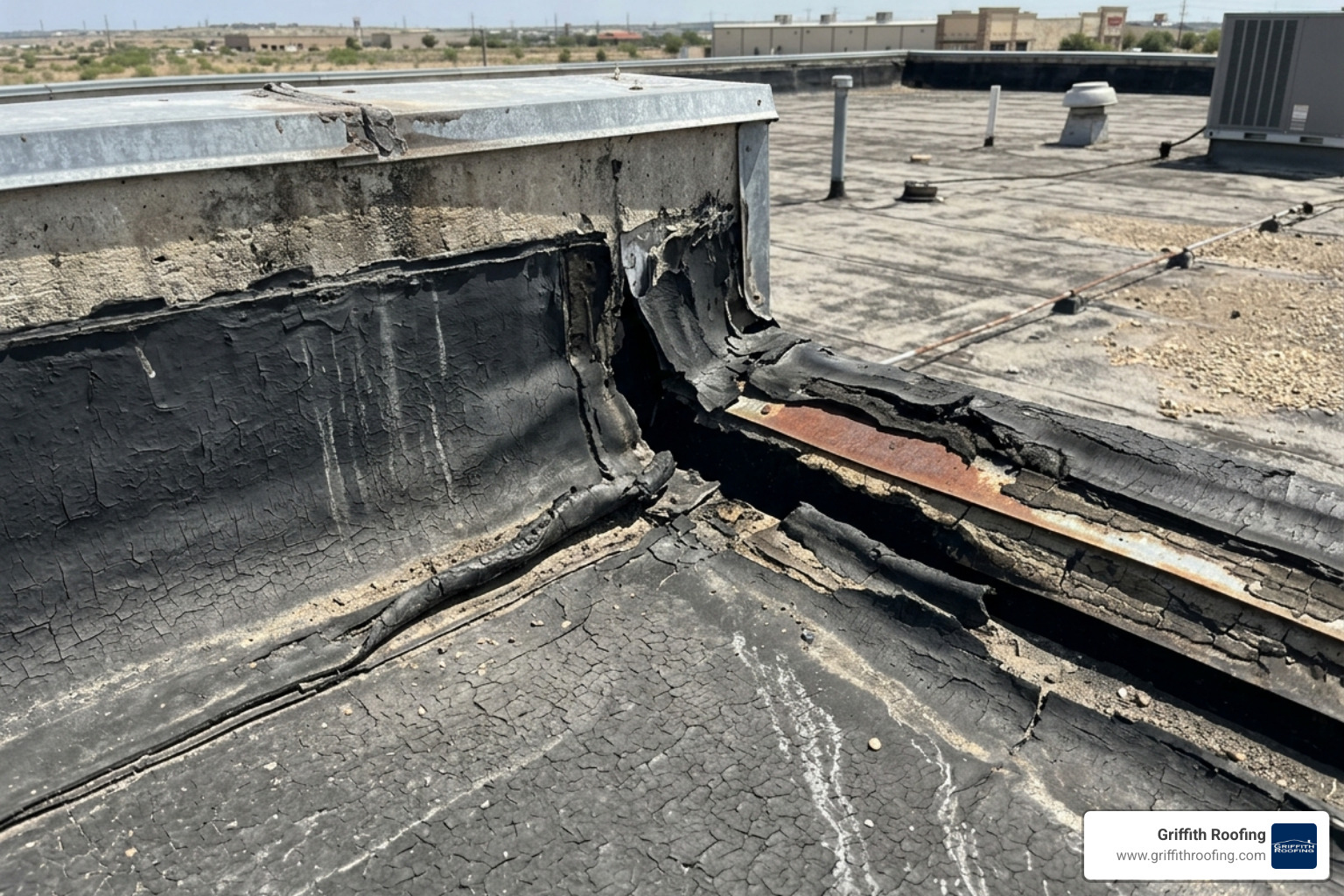Close-up of cracked EPDM seams and membrane shrinkage at a roof edge - epdm roof repair southlake