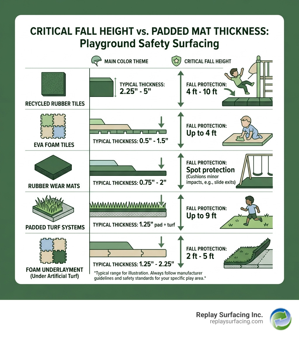 Critical fall height vs. mat thickness comparison infographic for padded playground mats - padded playground mat infographic Critical fall height vs. mat thickness comparison infographic for padded playground mats - padded playground mat infographic