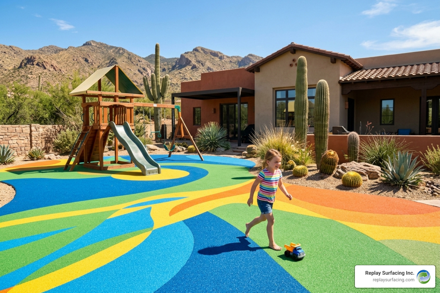 Poured-in-place rubber installation in an Oro Valley backyard - Tucson residential playground flooring