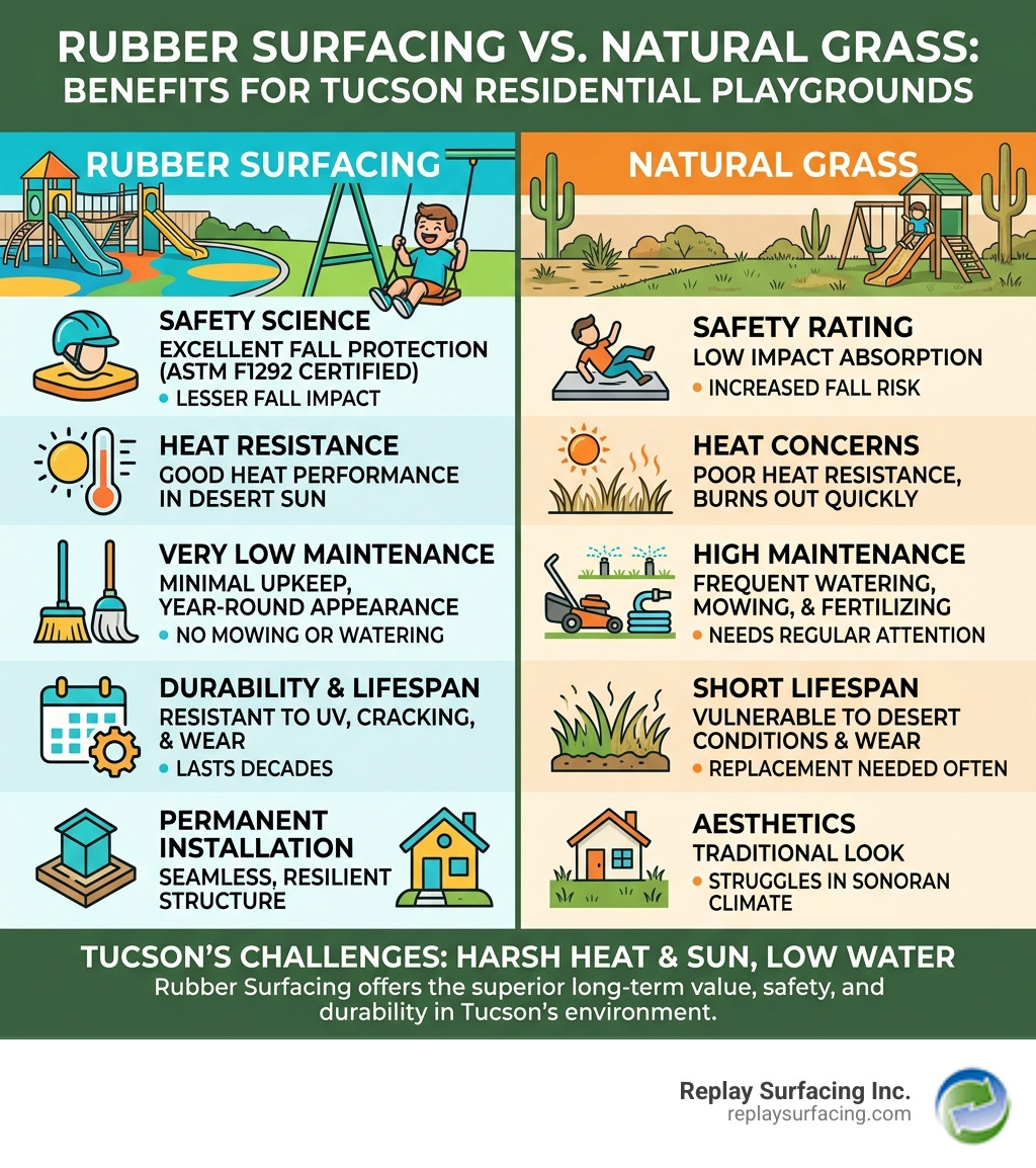Infographic comparing rubber surfacing vs natural grass benefits for Tucson residential playgrounds - Tucson residential