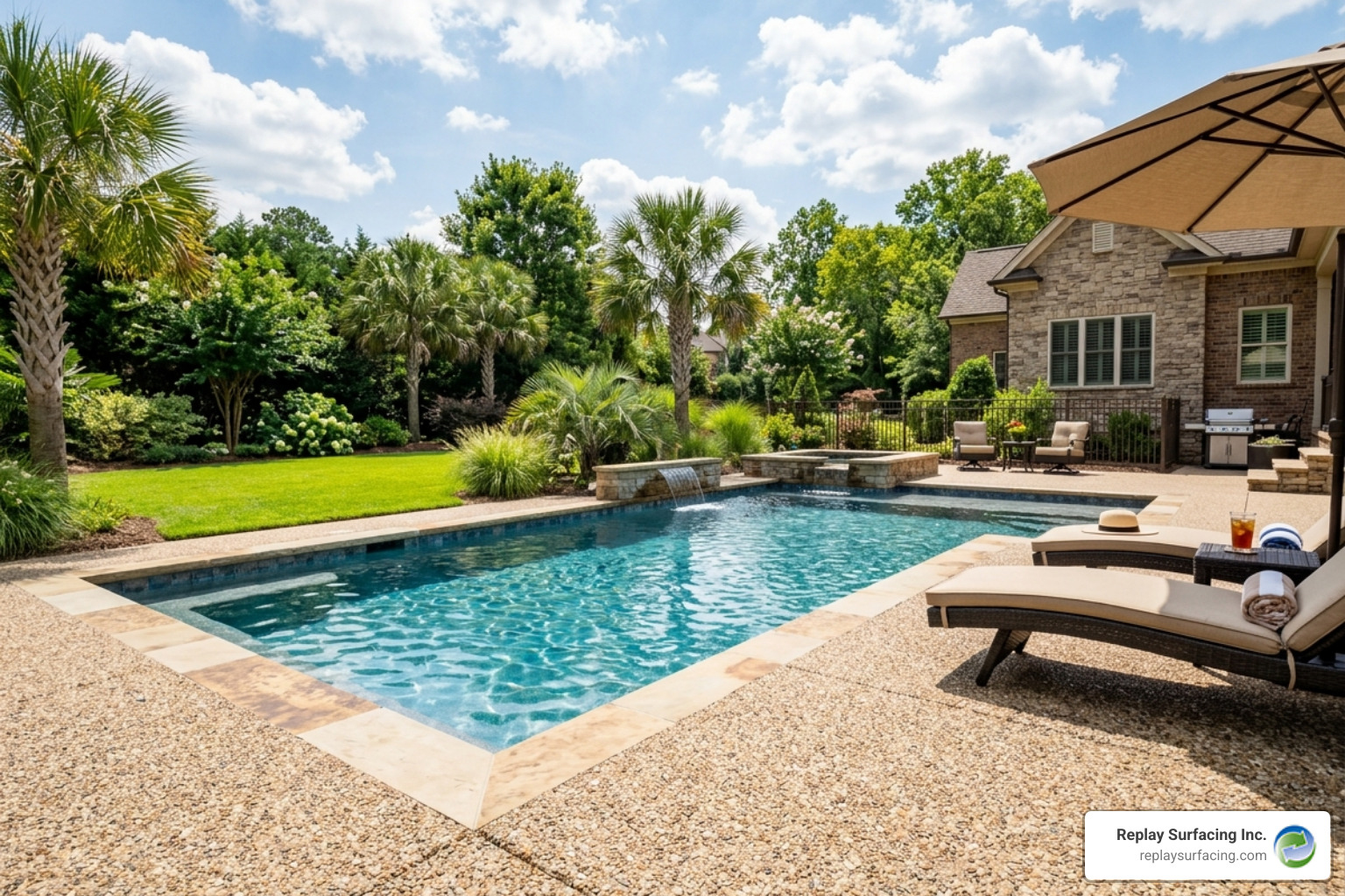A beautiful resurfaced pool deck in a sunny backyard, showing the seamless transition of rubber stone paving - rubber stone