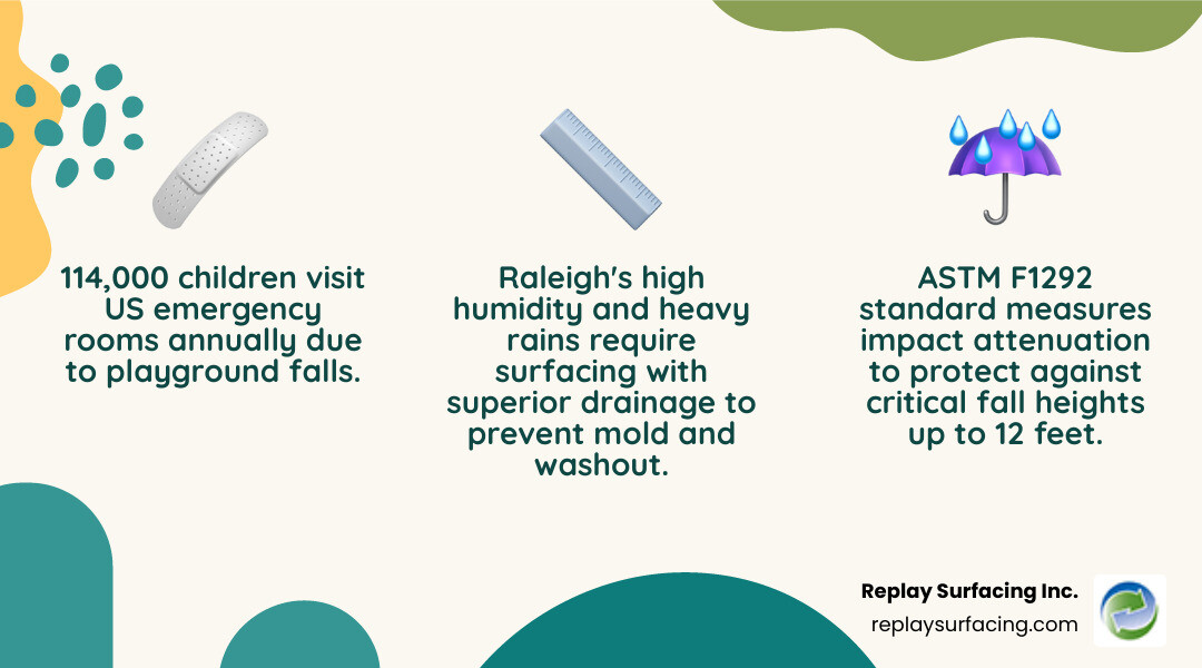 infographic showing playground fall heights, required surface depths, and safety standards like ASTM F1292 and CPSC