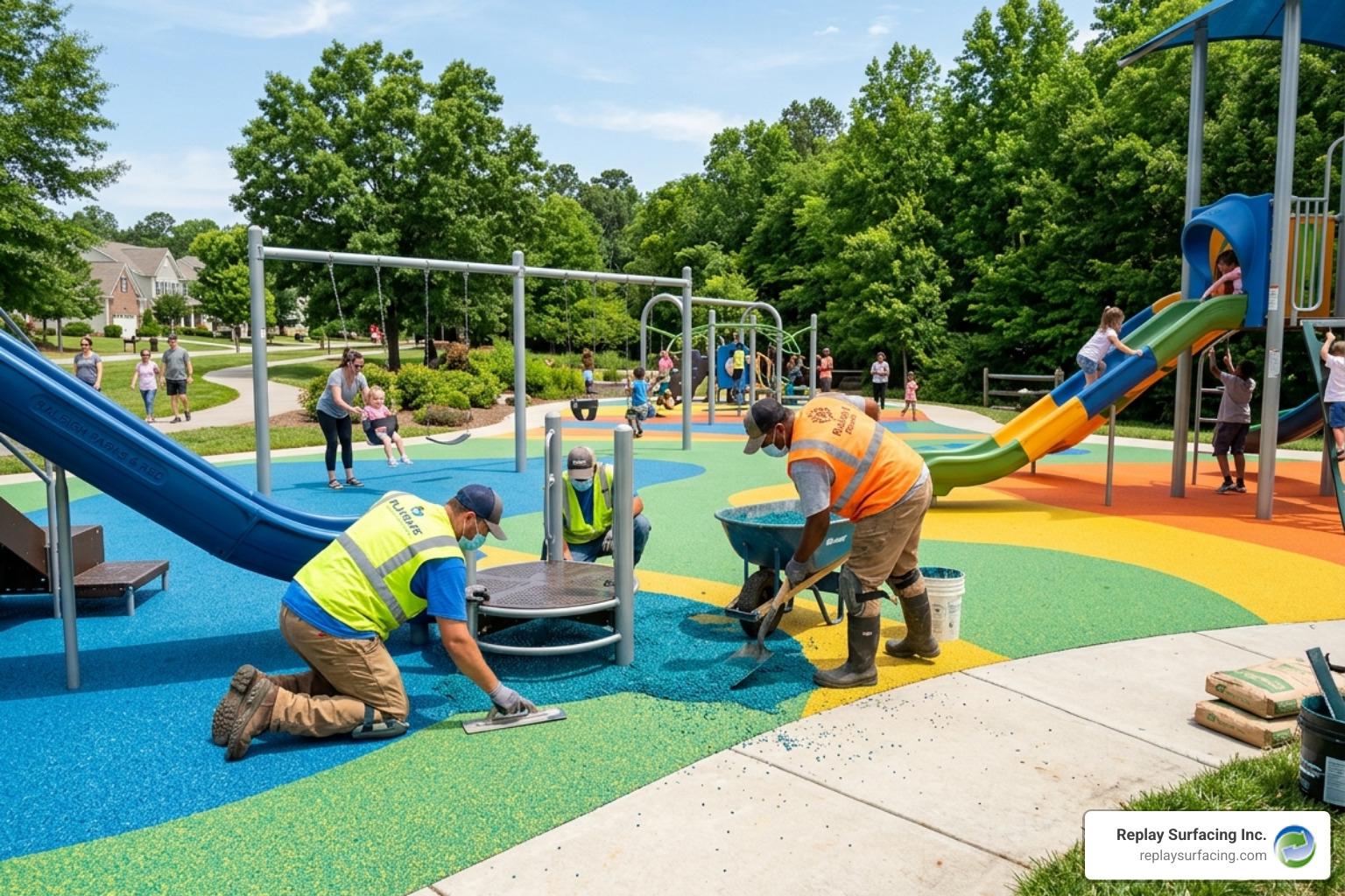Professional rubber surfacing installation at a Raleigh community park - playground safety surfacing raleigh nc