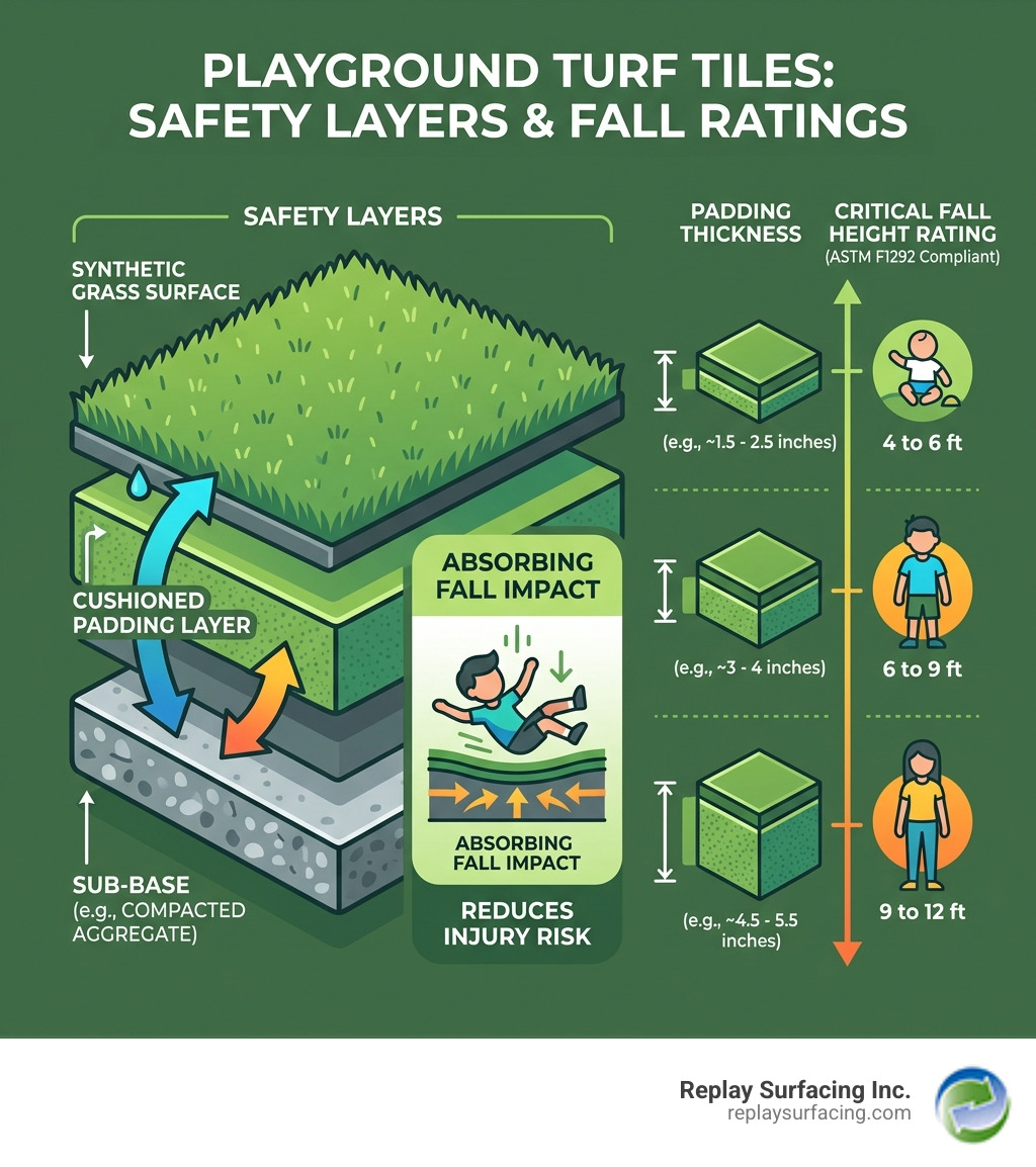 Infographic showing playground safety layers, padding thickness, and fall height ratings for turf tiles - playground turf Infographic showing playground safety layers, padding thickness, and fall height ratings for turf tiles - playground turf