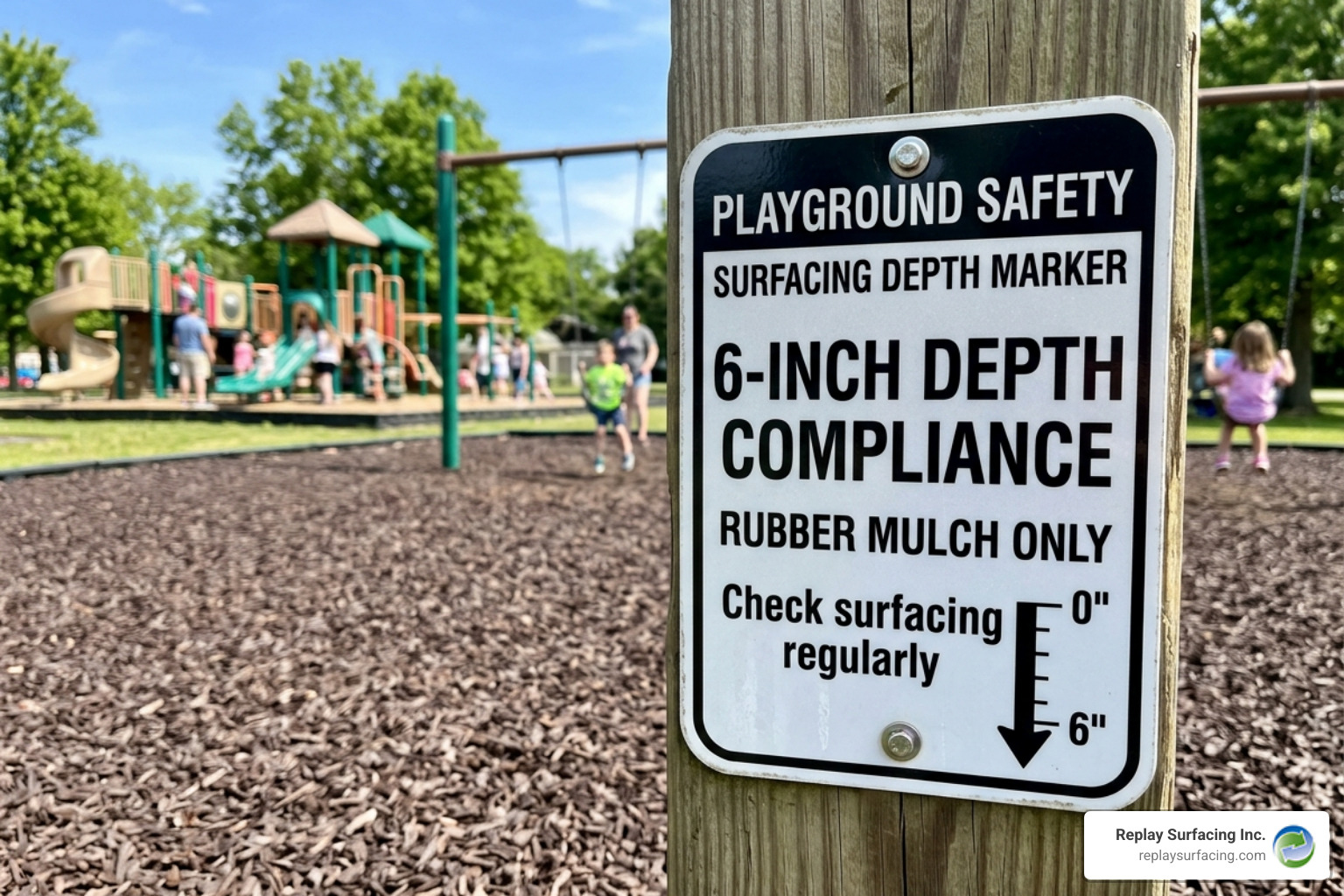 A safety depth marker on a playground post ensuring 6-inch compliance - playground rubber mulch cost