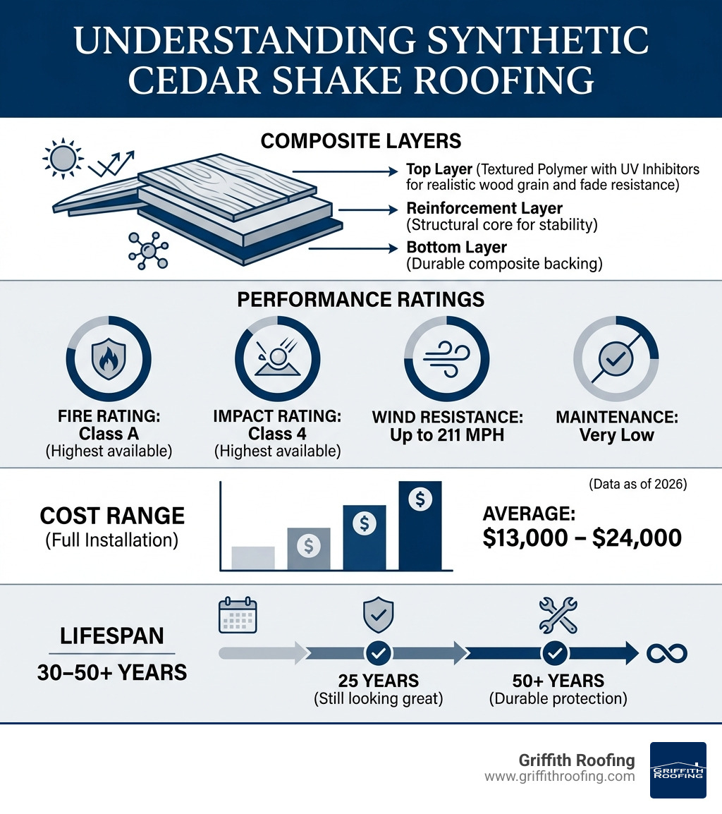 Infographic showing composite layers, ratings, cost range, and lifespan of synthetic cedar shake roofing - synthetic cedar Infographic showing composite layers, ratings, cost range, and lifespan of synthetic cedar shake roofing - synthetic cedar