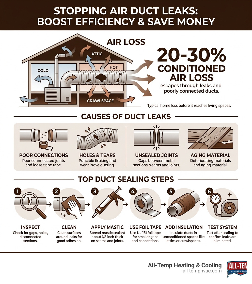 Infographic showing 20-30% conditioned air loss through duct leaks, causes, and top sealing steps - sealing air duct