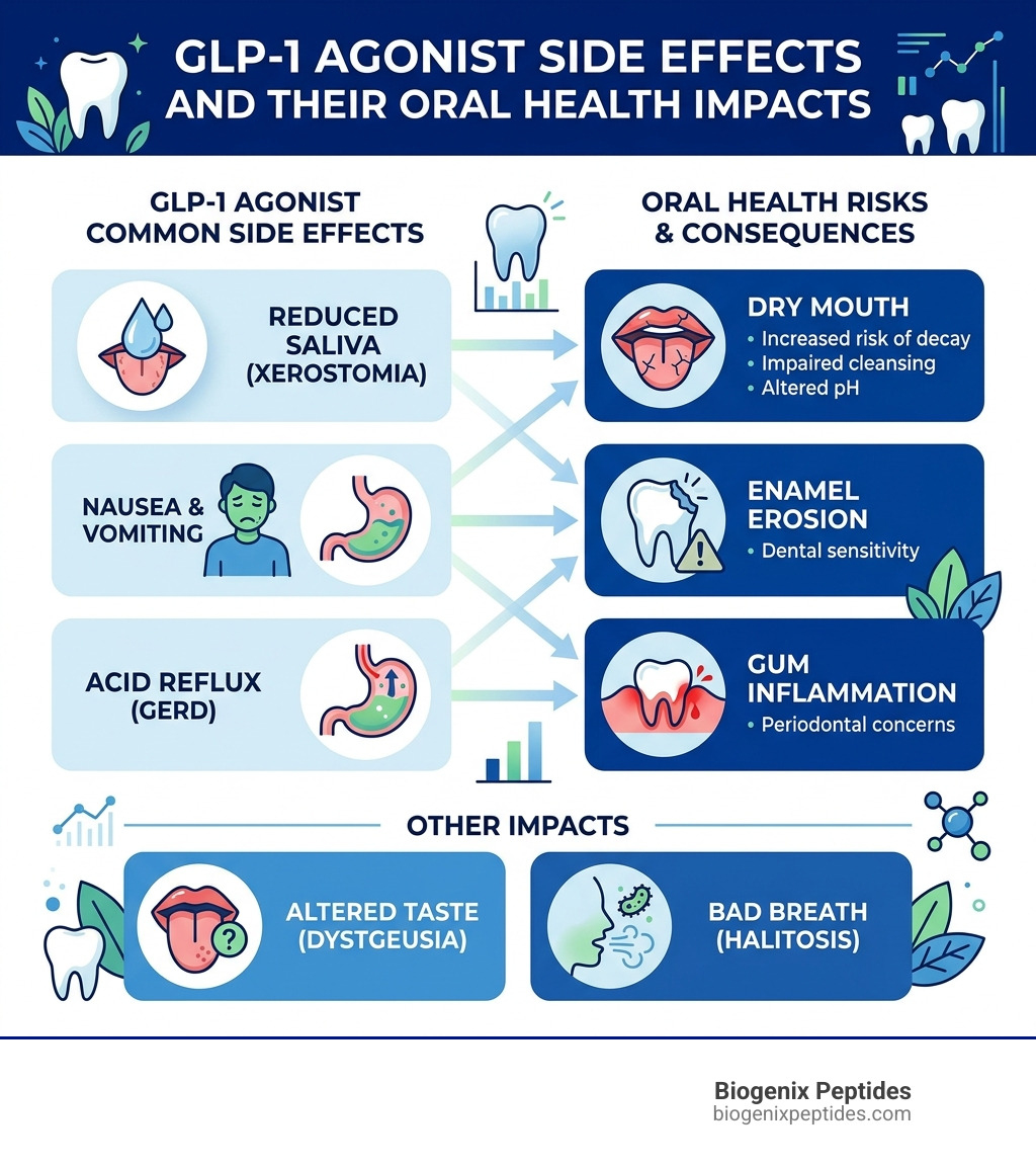 Infographic showing GLP-1 agonist side effects and their oral health impacts - GLP-1 agonists dental health infographic 