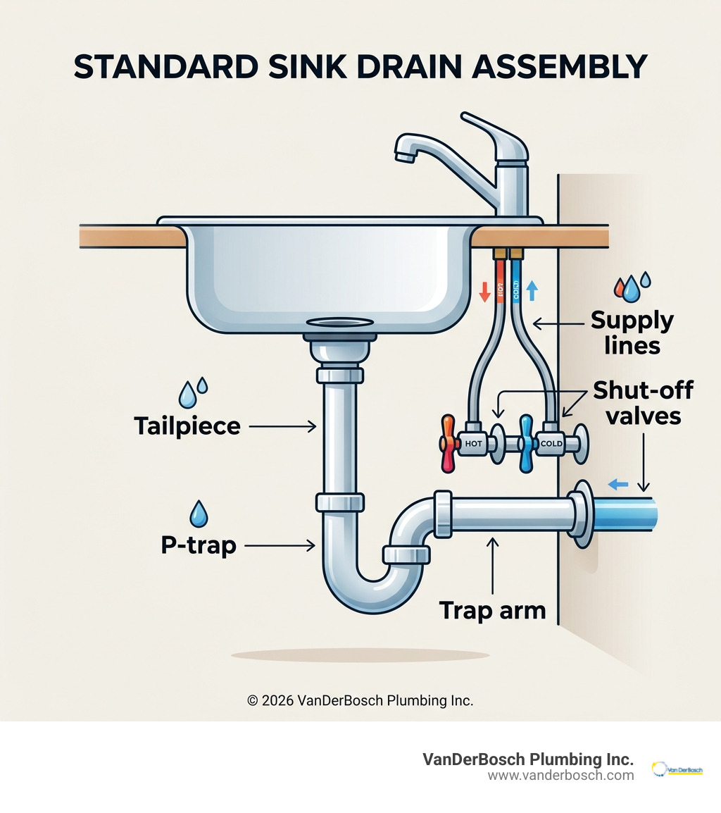 Anatomy of a standard sink drain assembly with labeled components: tailpiece, P-trap, trap arm, shut-off valves, supply Anatomy of a standard sink drain assembly with labeled components: tailpiece, P-trap, trap arm, shut-off valves, supply