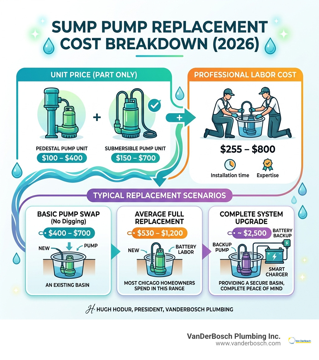 Infographic showing sump pump replacement cost breakdown from unit price to labor to full system - cost of replacing sump