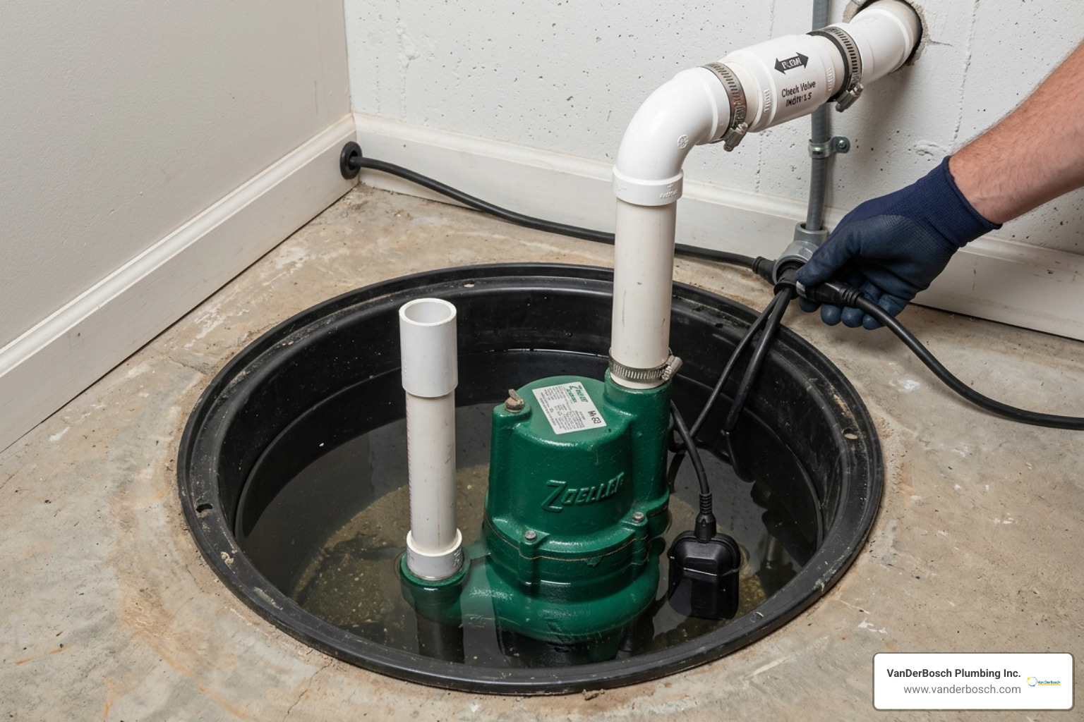 New submersible sump pump being installed in a clean basin - cost of replacing sump pump