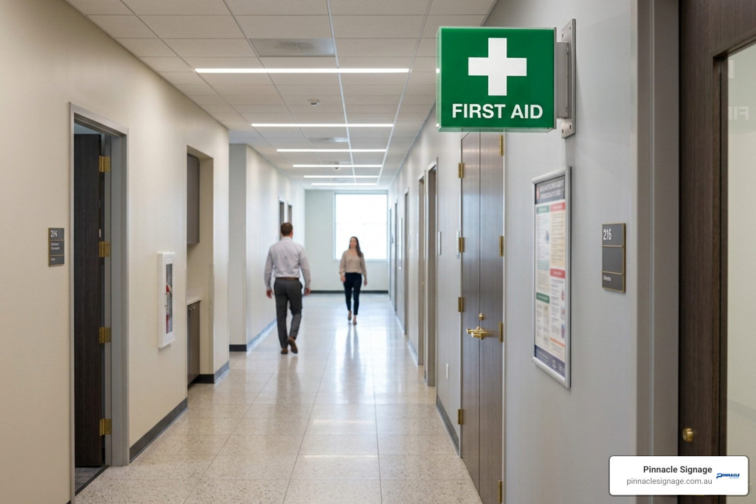 A projecting green safety sign first aid mounted in a clean office hallway to ensure high visibility for staff and visitors.