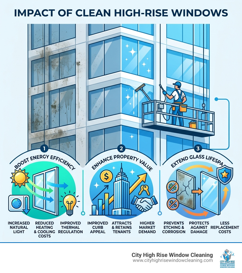 Infographic showing how clean high-rise windows impact energy efficiency, property value, and glass lifespan - high-rise Infographic showing how clean high-rise windows impact energy efficiency, property value, and glass lifespan - high-rise