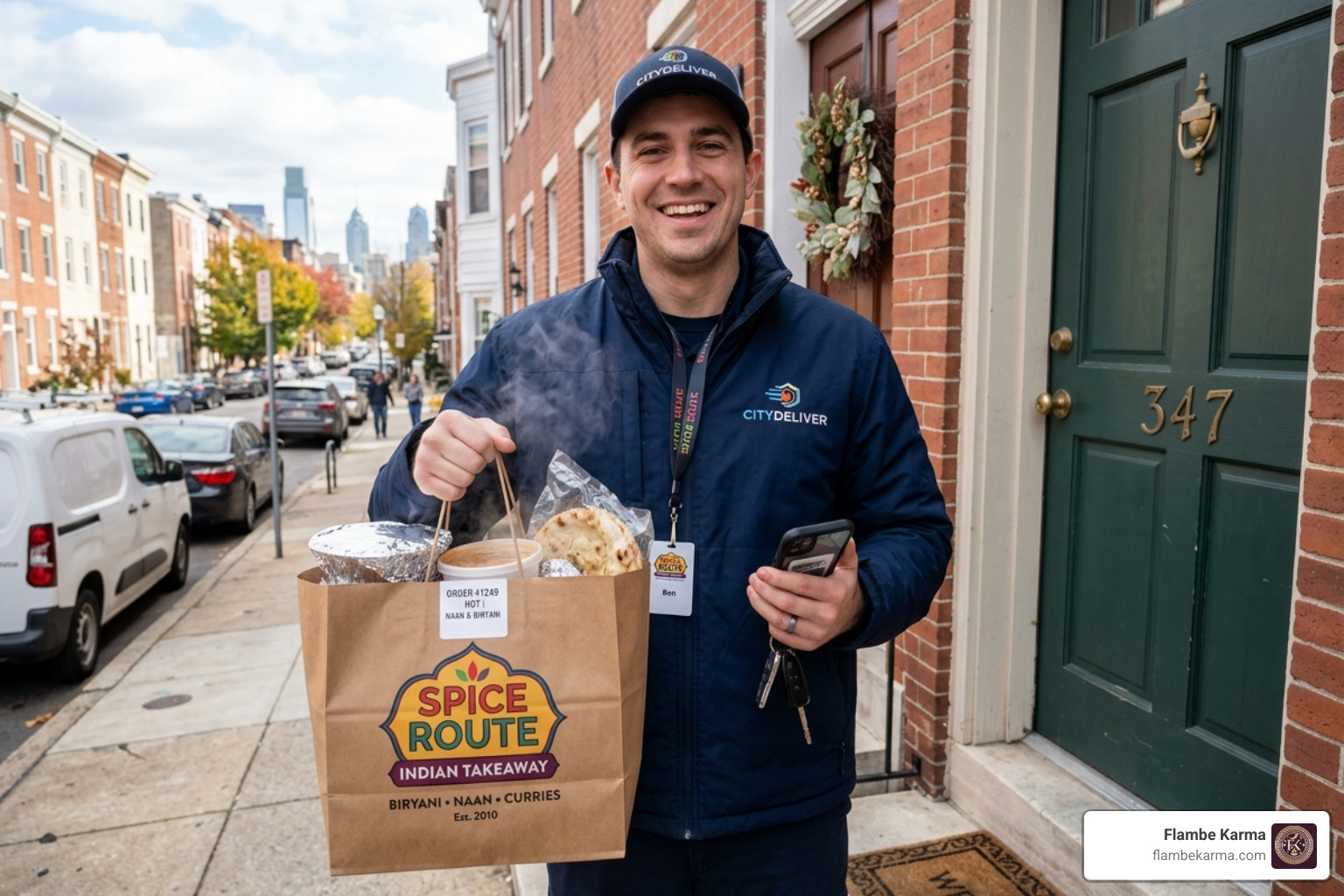 delivery driver with Indian takeout ready for drop off - indian restaurant near me free delivery