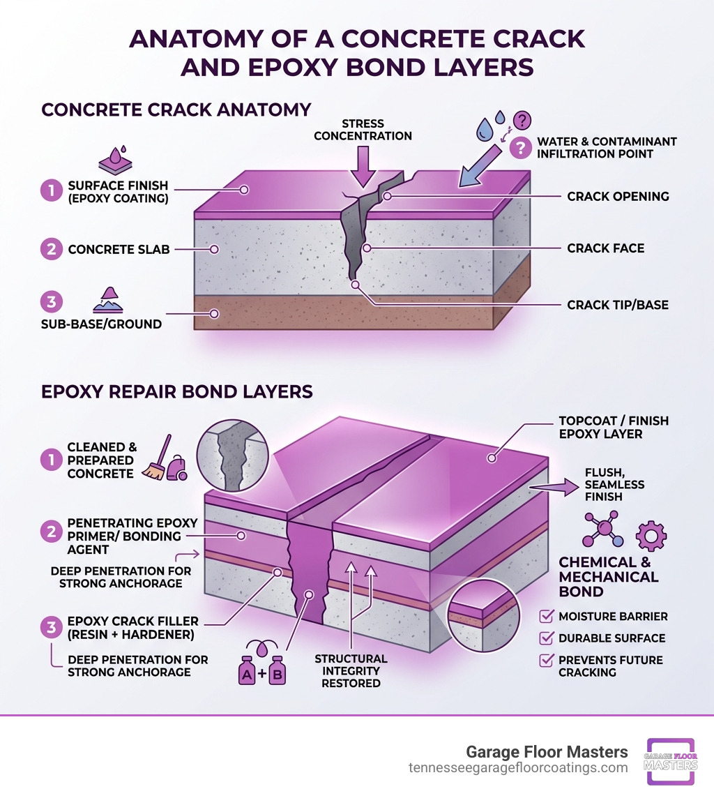 Anatomy of a concrete crack and epoxy bond layers infographic - crack repair epoxy floors infographic 