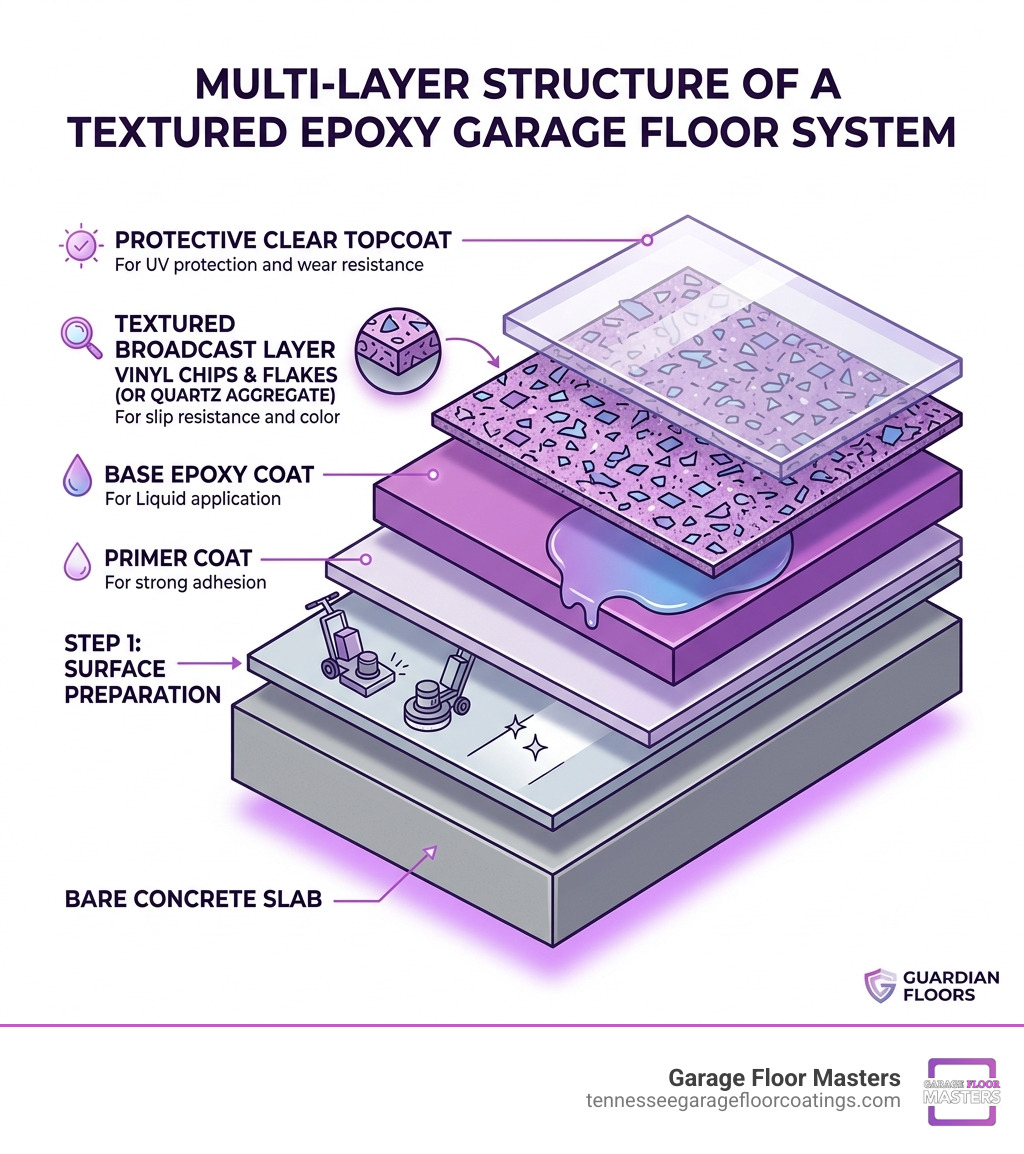 Infographic showing the multi-layer structure of a textured epoxy garage floor system - garage floor texture epoxy Infographic showing the multi-layer structure of a textured epoxy garage floor system - garage floor texture epoxy