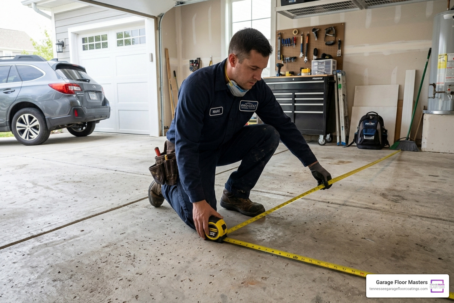 Technician measuring a garage floor for a polyaspartic coating quote - polyaspartic garage floor price