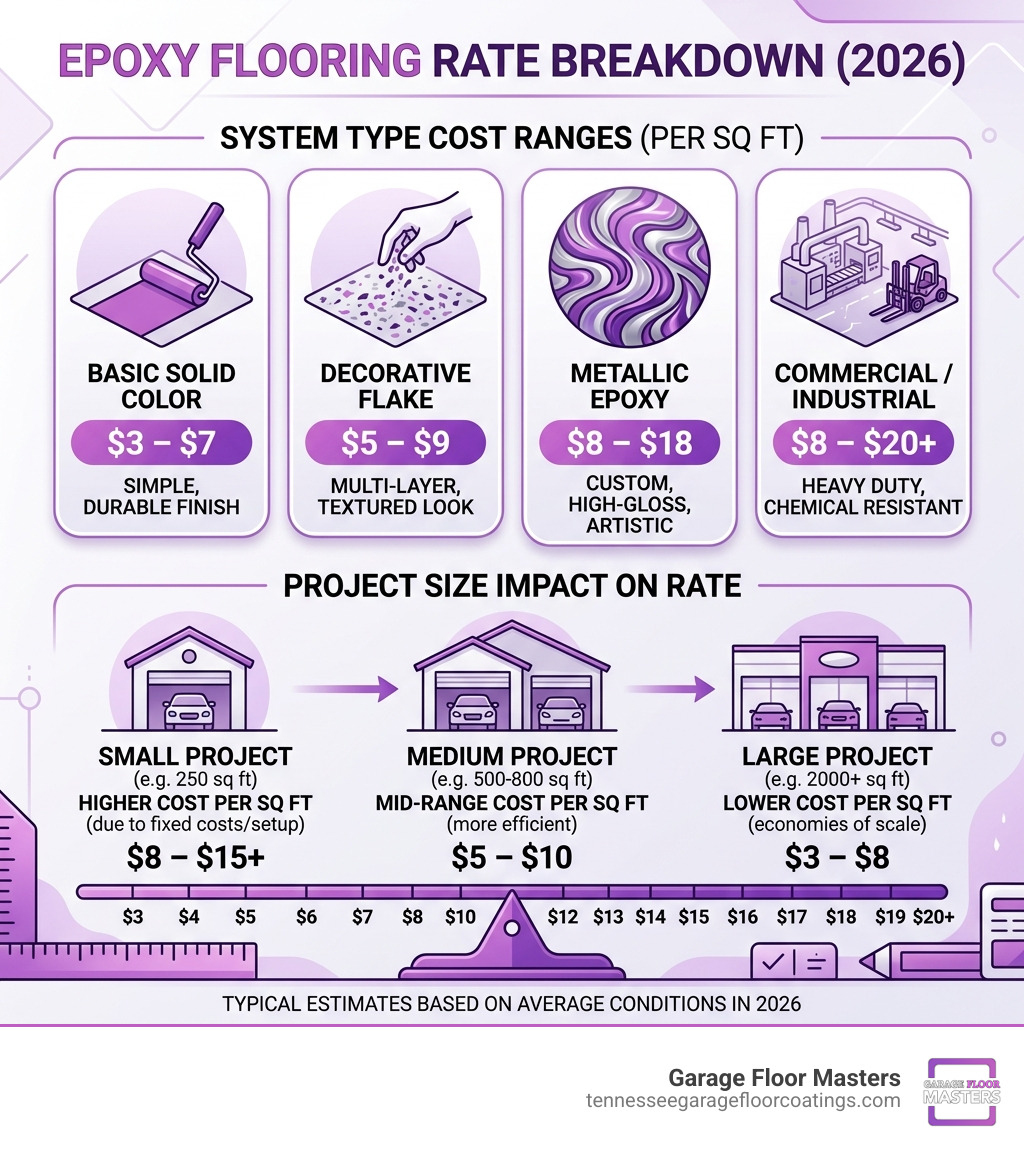 Epoxy flooring rate breakdown infographic showing cost ranges by system type and project size - epoxy flooring rate Epoxy flooring rate breakdown infographic showing cost ranges by system type and project size - epoxy flooring rate