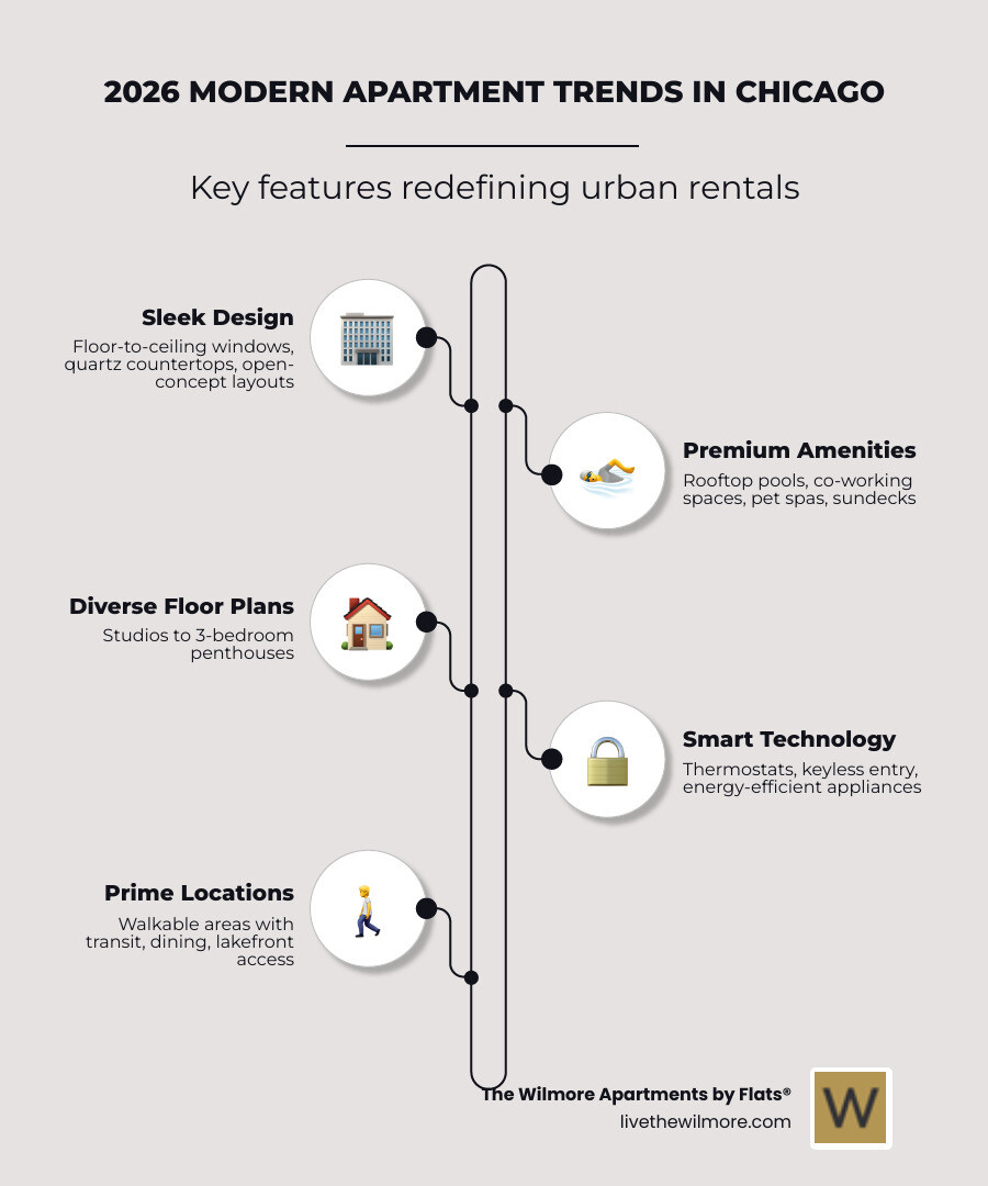 2026 modern apartment trends in Chicago infographic showing amenities, neighborhoods, and design features - modern