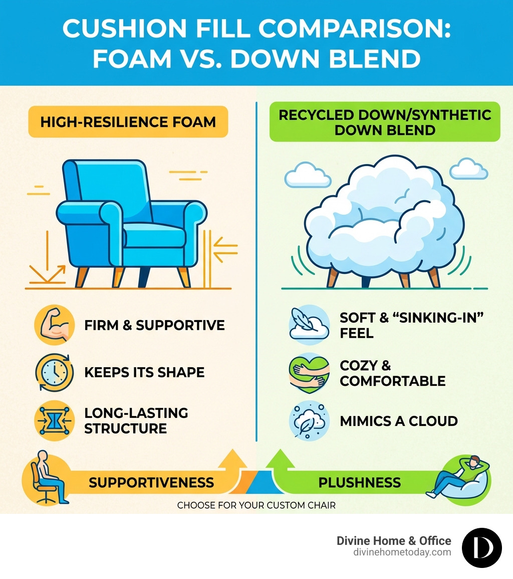 Comparison of cushion fills: foam vs. down blend - custom made chairs infographic Comparison of cushion fills: foam vs. down blend - custom made chairs infographic