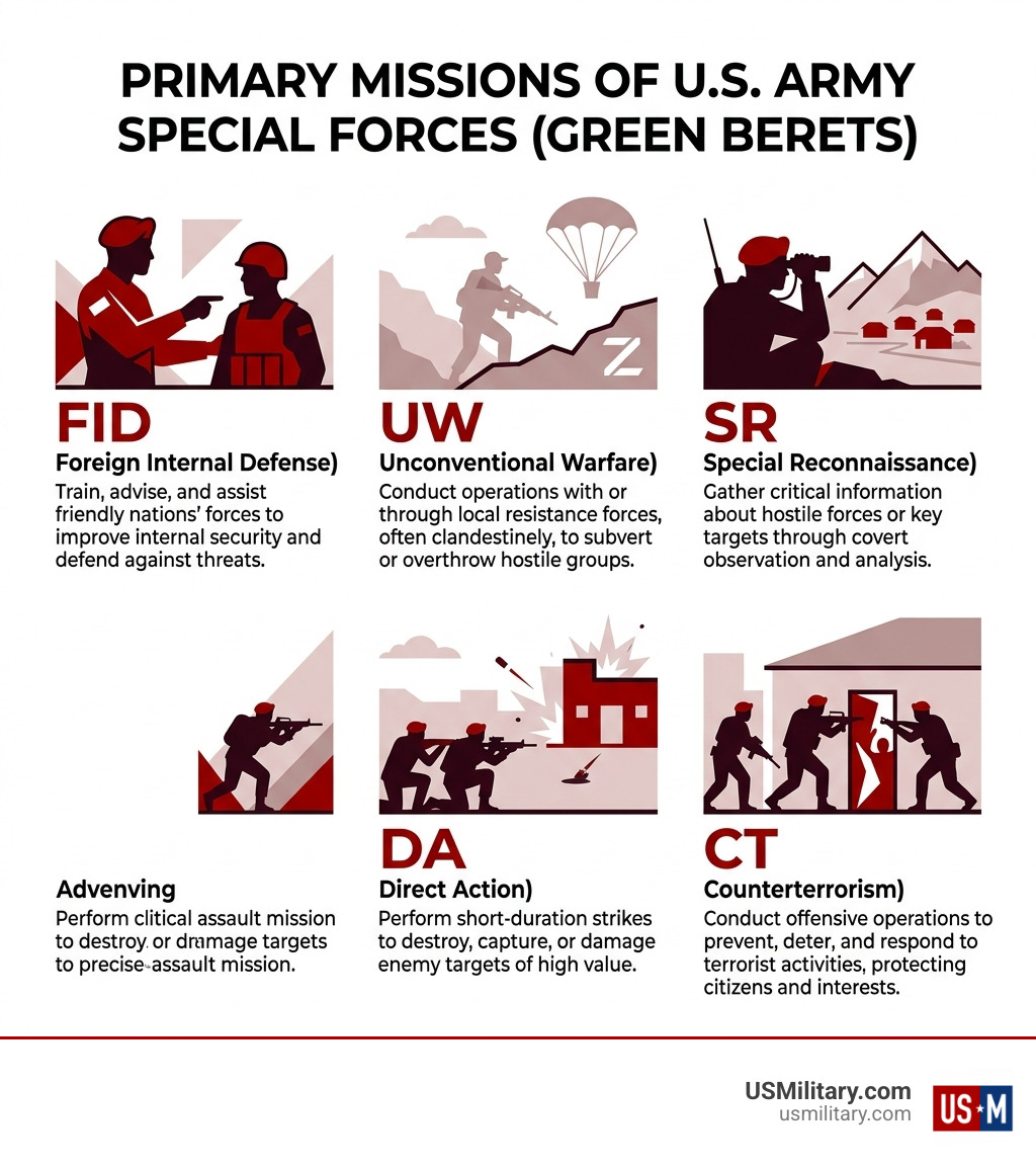 Infographic showing the 5 primary missions of Army Special Forces: FID, UW, SR, DA, and CT with brief descriptions - 10 All Infographic showing the 5 primary missions of Army Special Forces: FID, UW, SR, DA, and CT with brief descriptions - 10 All