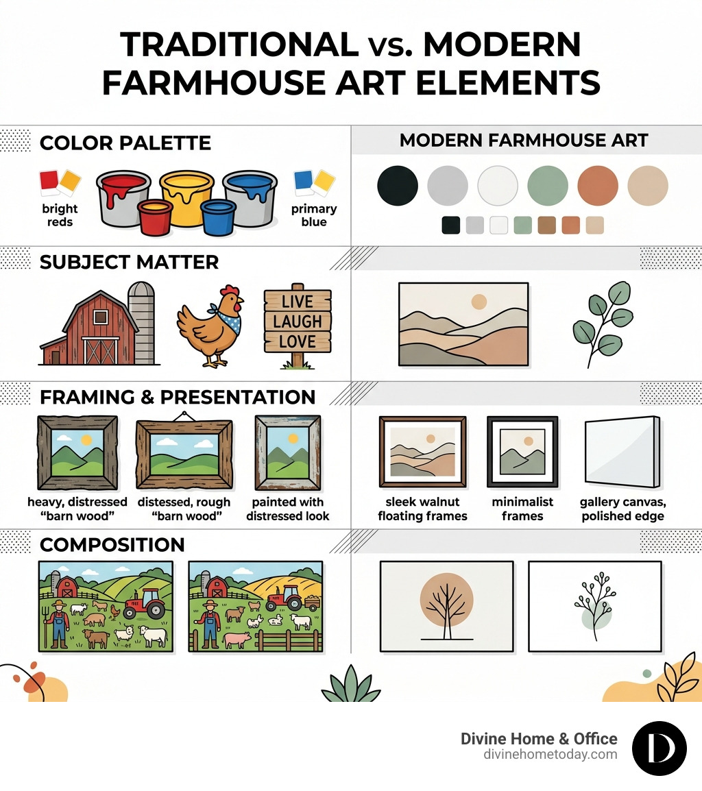 Table: Comparing Traditional vs. Modern Farmhouse Art elements - artwork for modern farmhouse infographic Table: Comparing Traditional vs. Modern Farmhouse Art elements - artwork for modern farmhouse infographic
