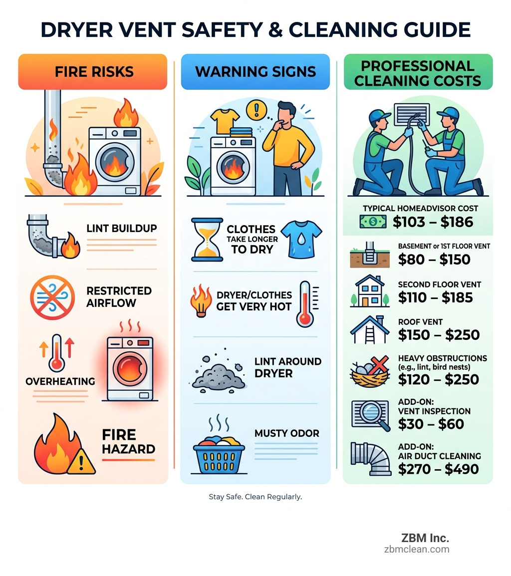 Infographic showing dryer vent fire risks, warning signs, and cost ranges for professional cleaning - home advisor dryer