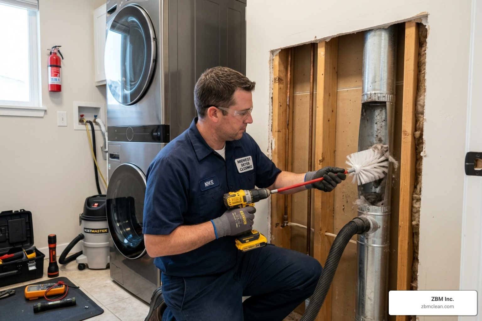 Professional technician using a rotary brush tool to clear a metal dryer duct - home advisor dryer vent cleaning
