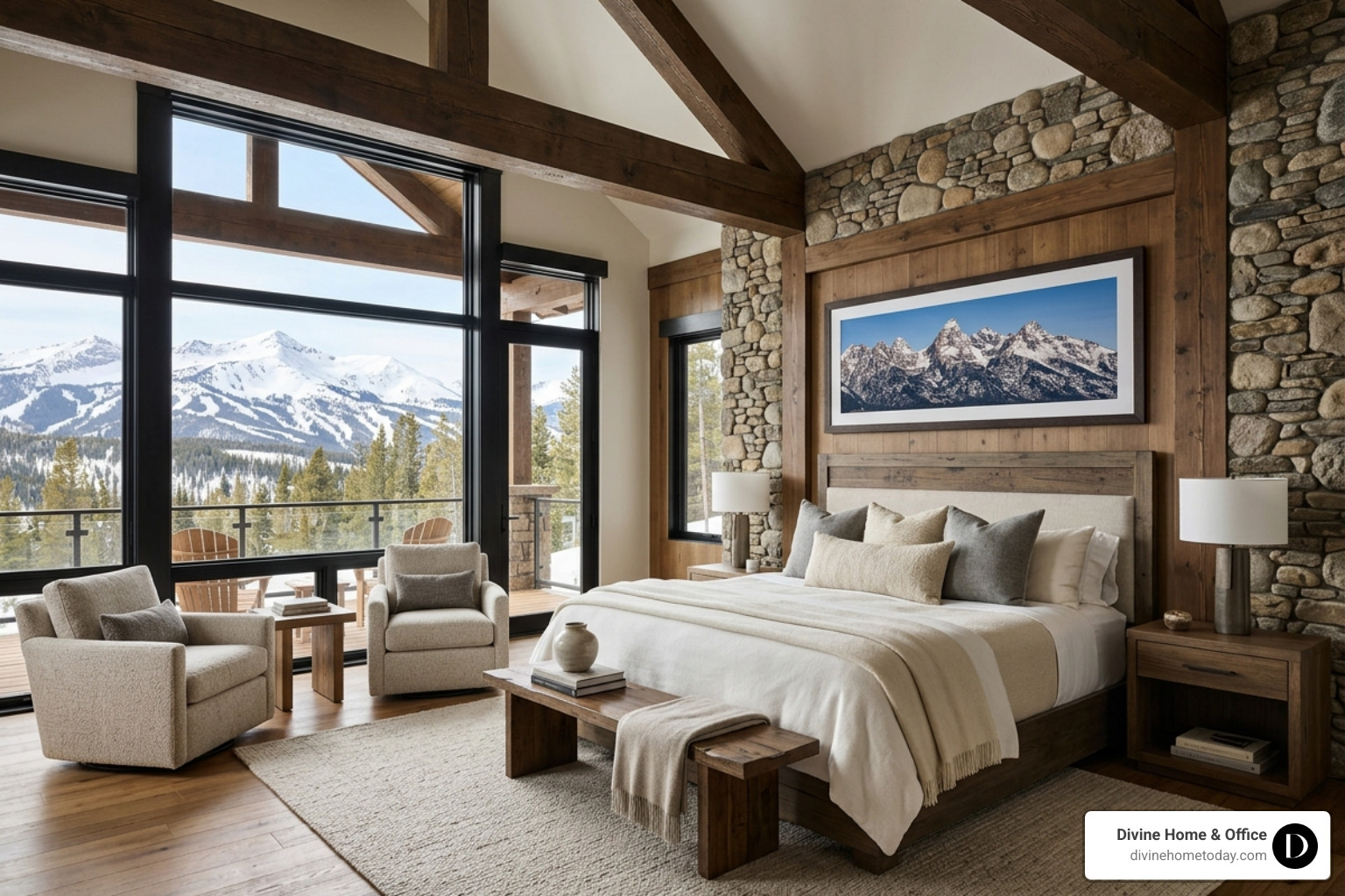 large panoramic landscape over a master bed in a luxury mountain lodge - artwork for modern farmhouse large panoramic landscape over a master bed in a luxury mountain lodge - artwork for modern farmhouse